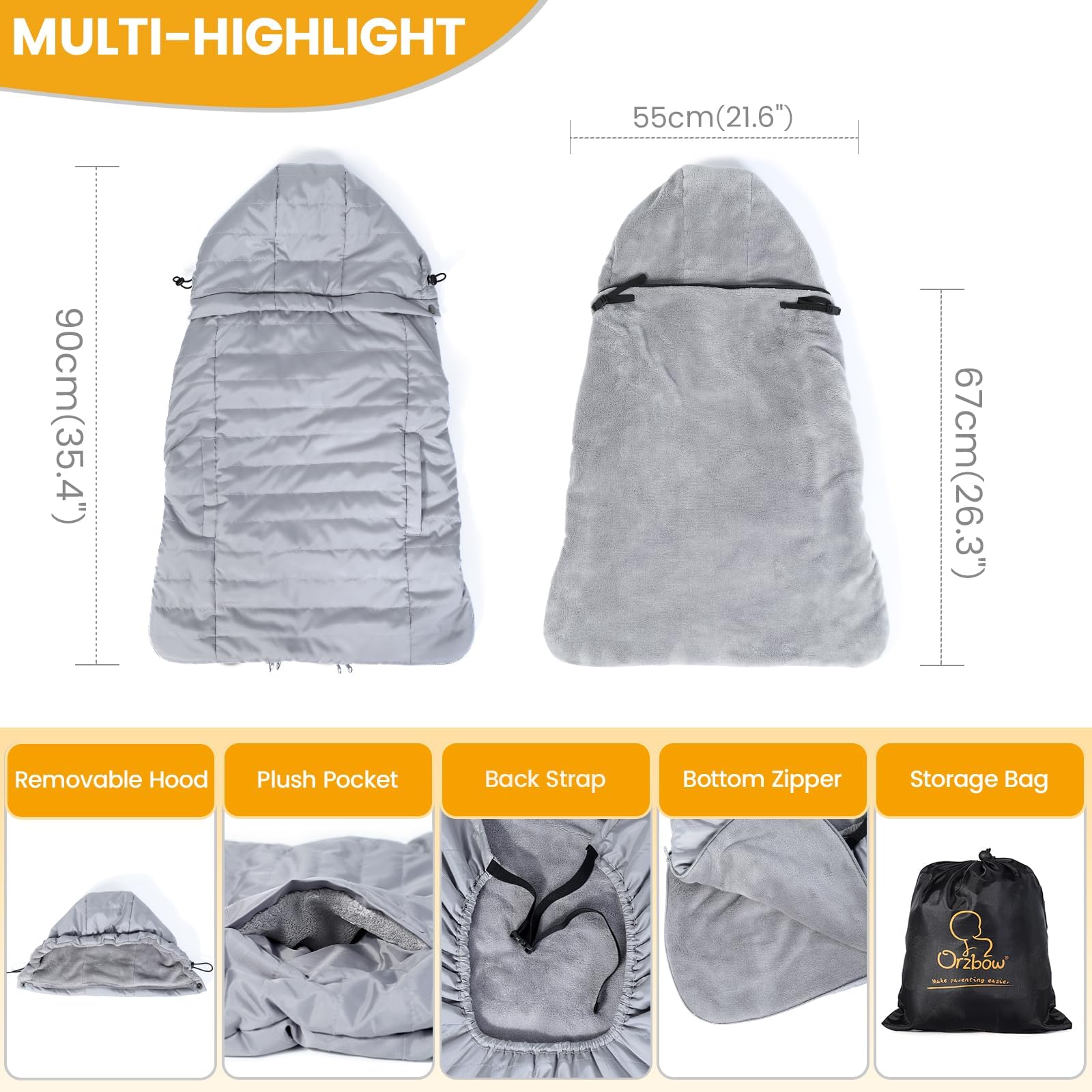 Orzbow Cover Marsupio Neonato Invernale, Universale Copri Marsupio Neonato Impermeabile, Parte Superiore Staccabile, Caldo Vello Corallo, Leggero, Lavabile in Lavatrice, Grigio Chiaro