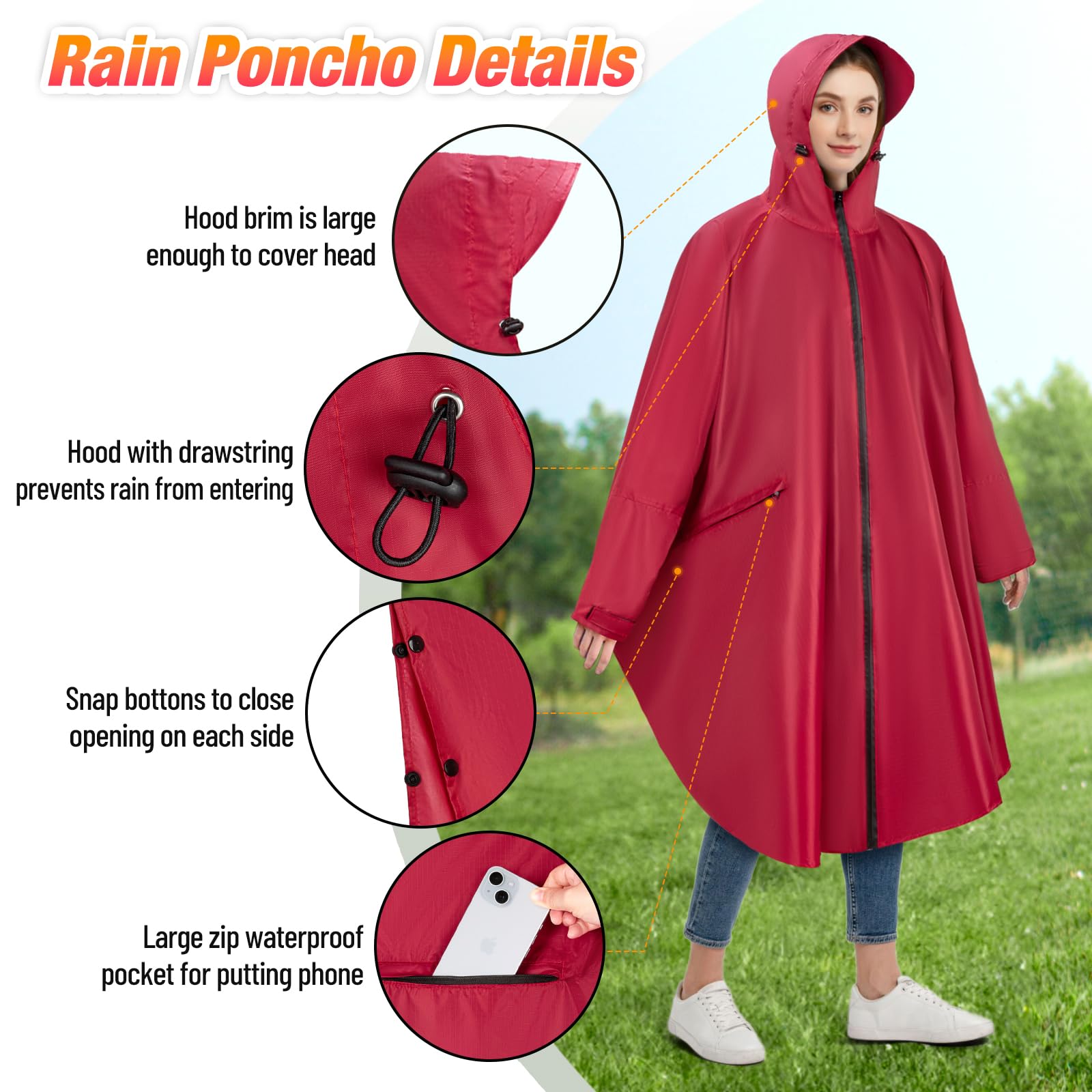 Poncho de pluie imperméable - Fermeture éclair - Capuche et manches - Veste de pluie longue - Randonnée, camping, extérieur