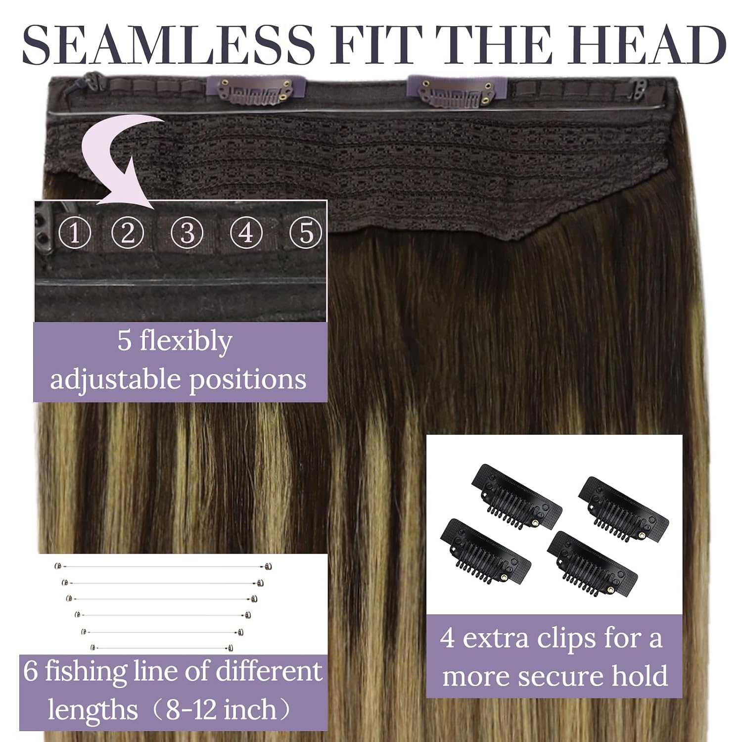Fshine Invisible Wire Hair Extensions, 10Inch Brown Ombre Ash Brown Mix Blonde Color 56G, Adjustable Fish Line Human Hair Extensions, Secret One Hairpiece for Short Hair