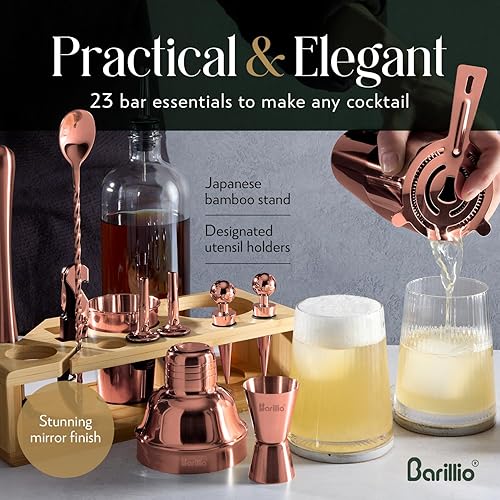 Miniatura 36 de Barillio Kit de barman de oro rosa – Juego de coctelera de acero inoxidable con soporte de bambú negro – Herramientas de barra de mixología con Rosa