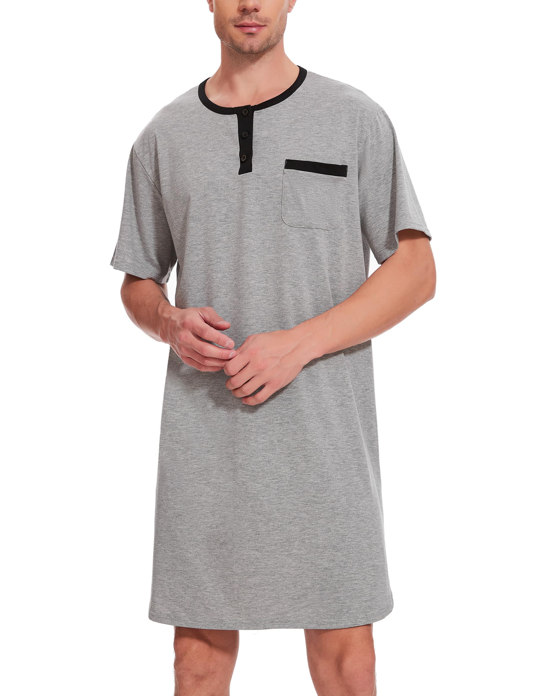 Uniexcosm Nachthemd Herren Kurzarm Schlafshirt Rundhals Einteiliger Schlafanzugoberteile Pyjama Tops Bequem Nachtwäsche Sleepshirt mit Knopfleiste und Brusttasche