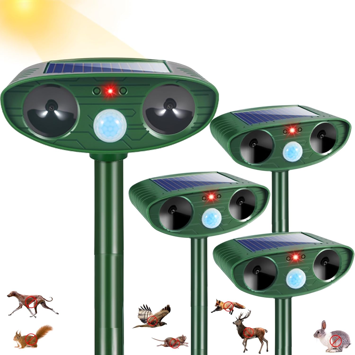 4Pack Solar Ultrasonic Animal Repellent Outdoor Deer Repellent Devices with Motion Detection Squirrel Raccoon Dog Cat Deterrent, Keep Rodent Chipmunk Rabbit Away for Yard Garden Lawn