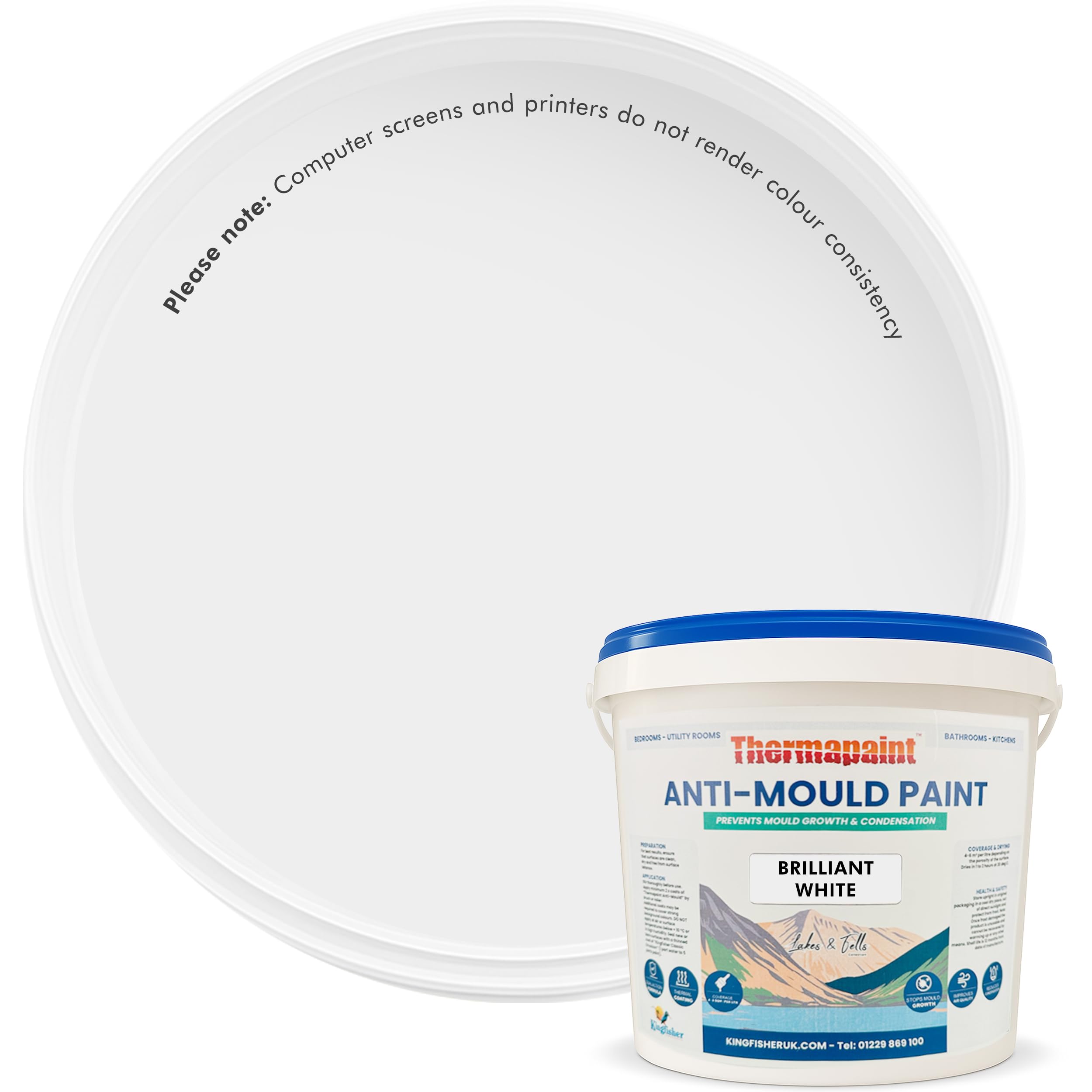 Kingfisher Thermapaint Anti Mould Paint with Active Fungicide 2.5L | Mould & Moisture Resistant Emulsion Wall Paint for Kitchens, Bathrooms & More | Waterproof & Washable | Brilliant White