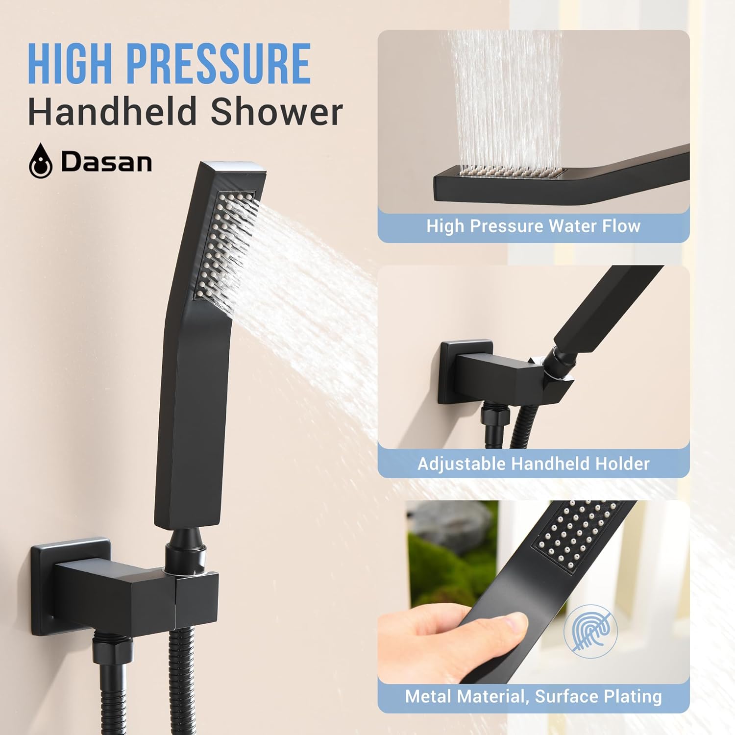 Handheld shower in use, demonstrating high pressure water flow