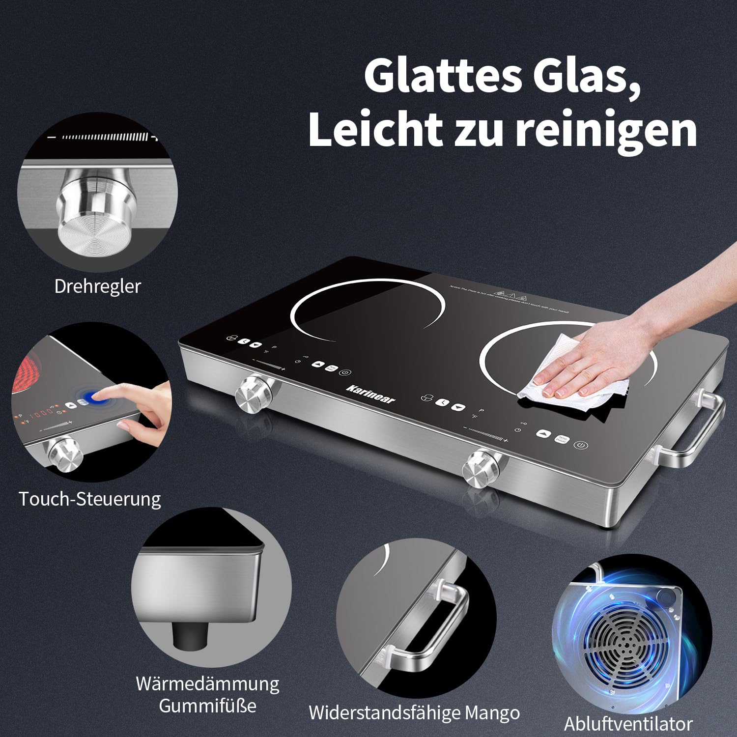 Karinear Elektrische Kochplatten 2er 3200W Glaskeramikkochfeld Freistehend Drehknopf 240V