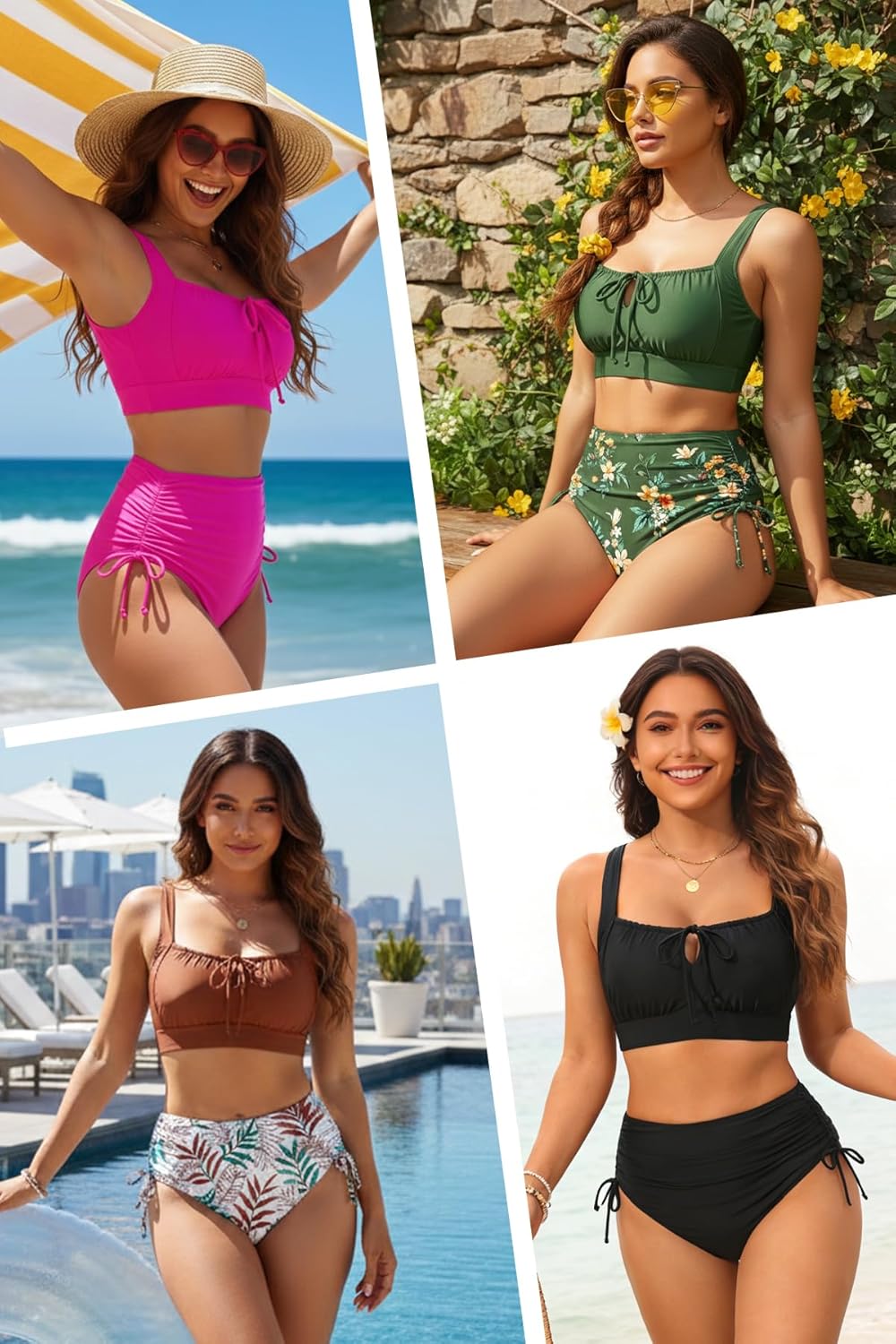 Yonique Women's High Waisted Bikini Set - Two Piece Tummy Control Swimsuit Square Neck Tie Bathing Suit 2026