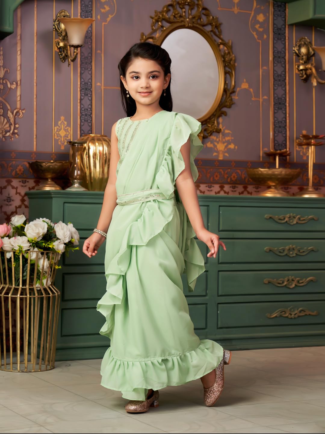 Aarika Girls Ethnic Wear Green Colour Sequin Embroidery Georgette Lehenga Choli Set With Attached Dupatta-4-13 Years (Lch-Shm-5018)