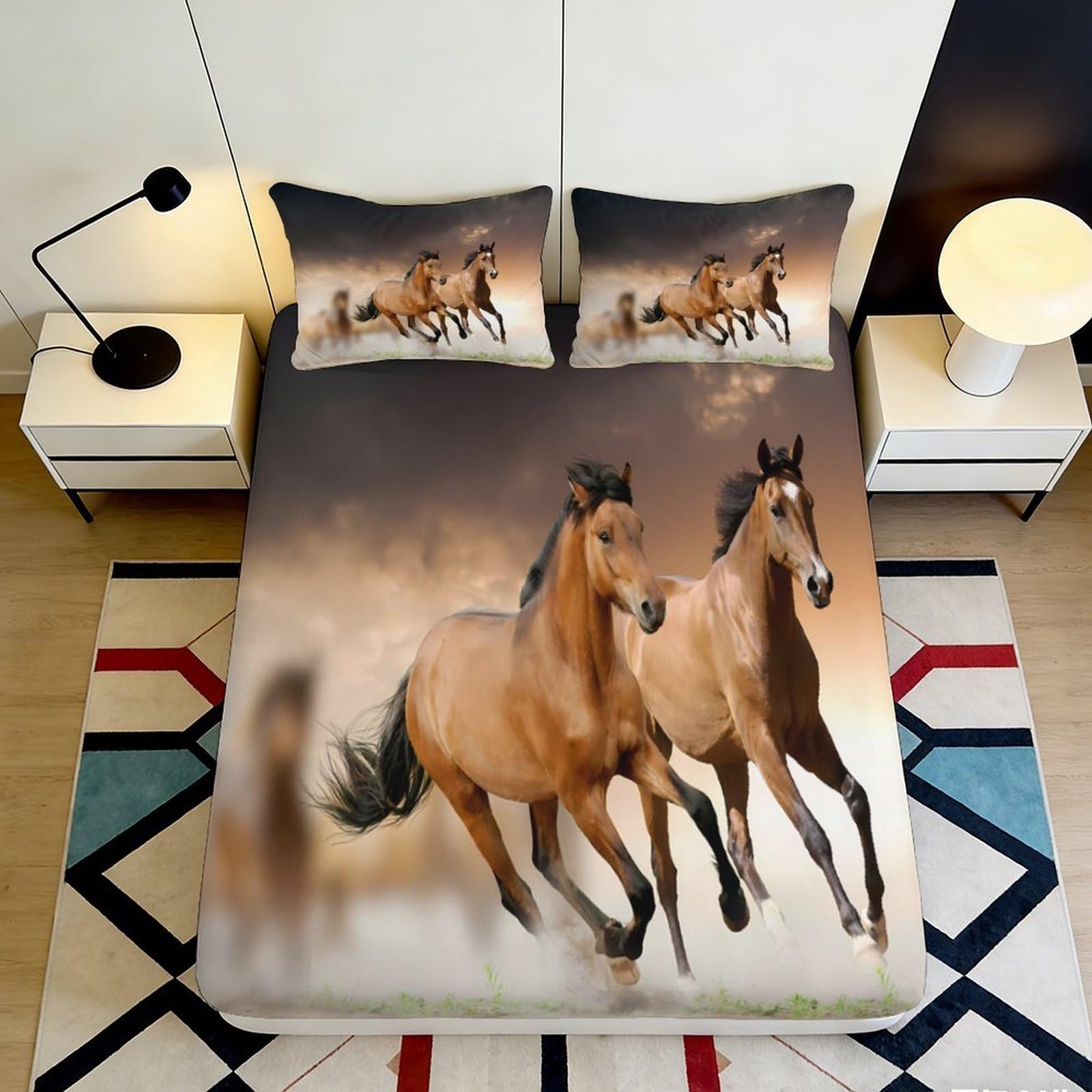 3D Printed Galloping Horses Fitted Sheet Microfiber Soft Breathable Wild Horse Bed Sheet for Bedroom Guest Room Decor 90x200x25cm
