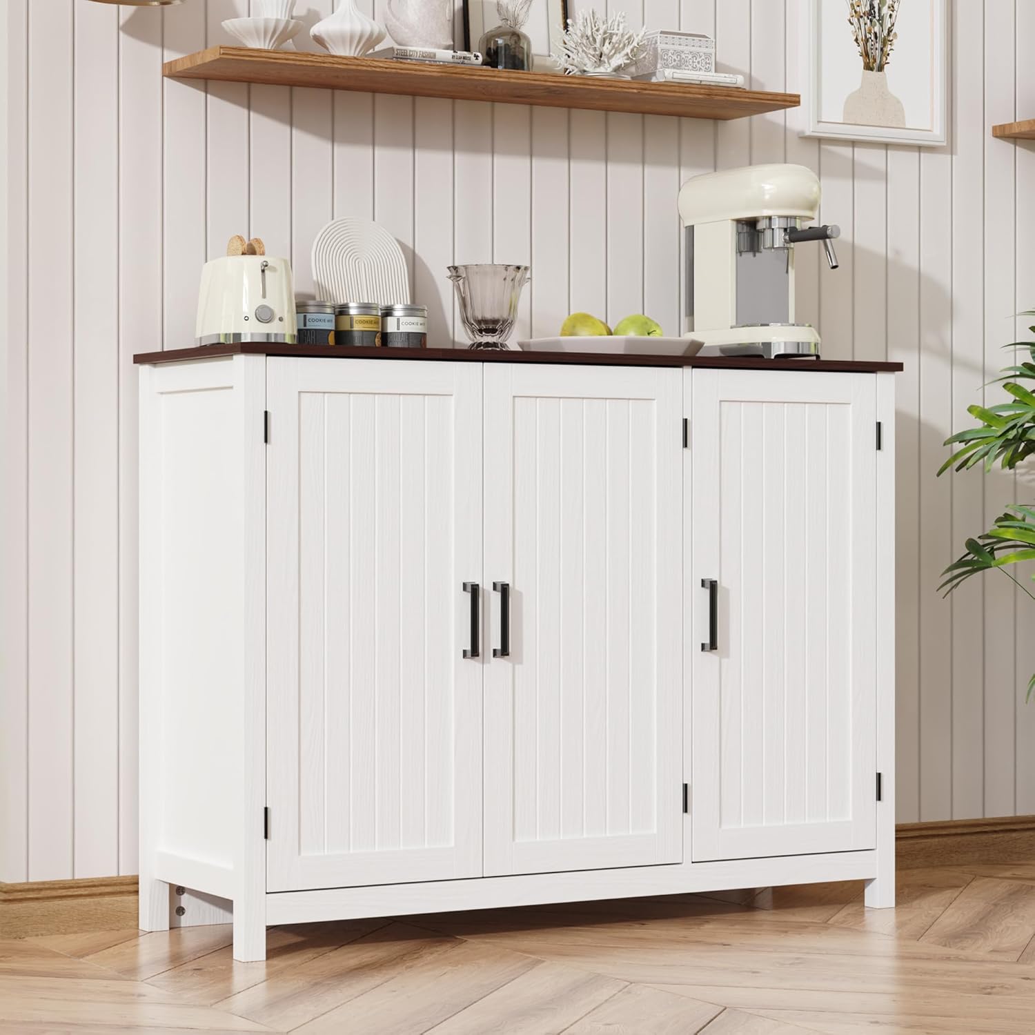 MHOM 47.2" Farmhouse Buffet Cabinet with Storage, Kitchen Sideboard Cabinet with Doors and Adjustable Shelves, Rustic Storage Cabinet for Kitchen, White