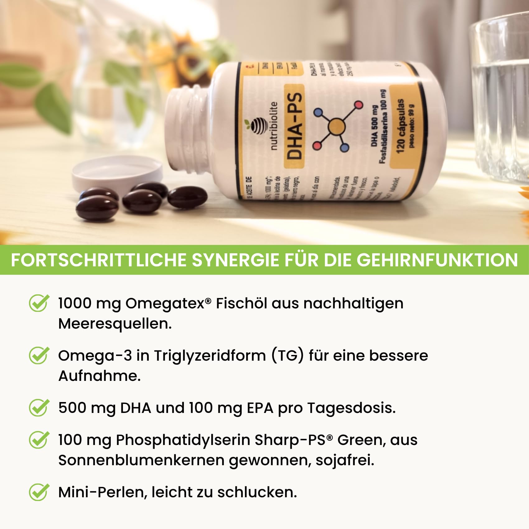 500 mg DHA Omega-3 (Triglyceride) + 100 mg Phosphatidylserin, ohne Soja – für Gehirnfunktion & Sehkraft – 120 Mini-Softgels – DHA-PS Nutribiolite