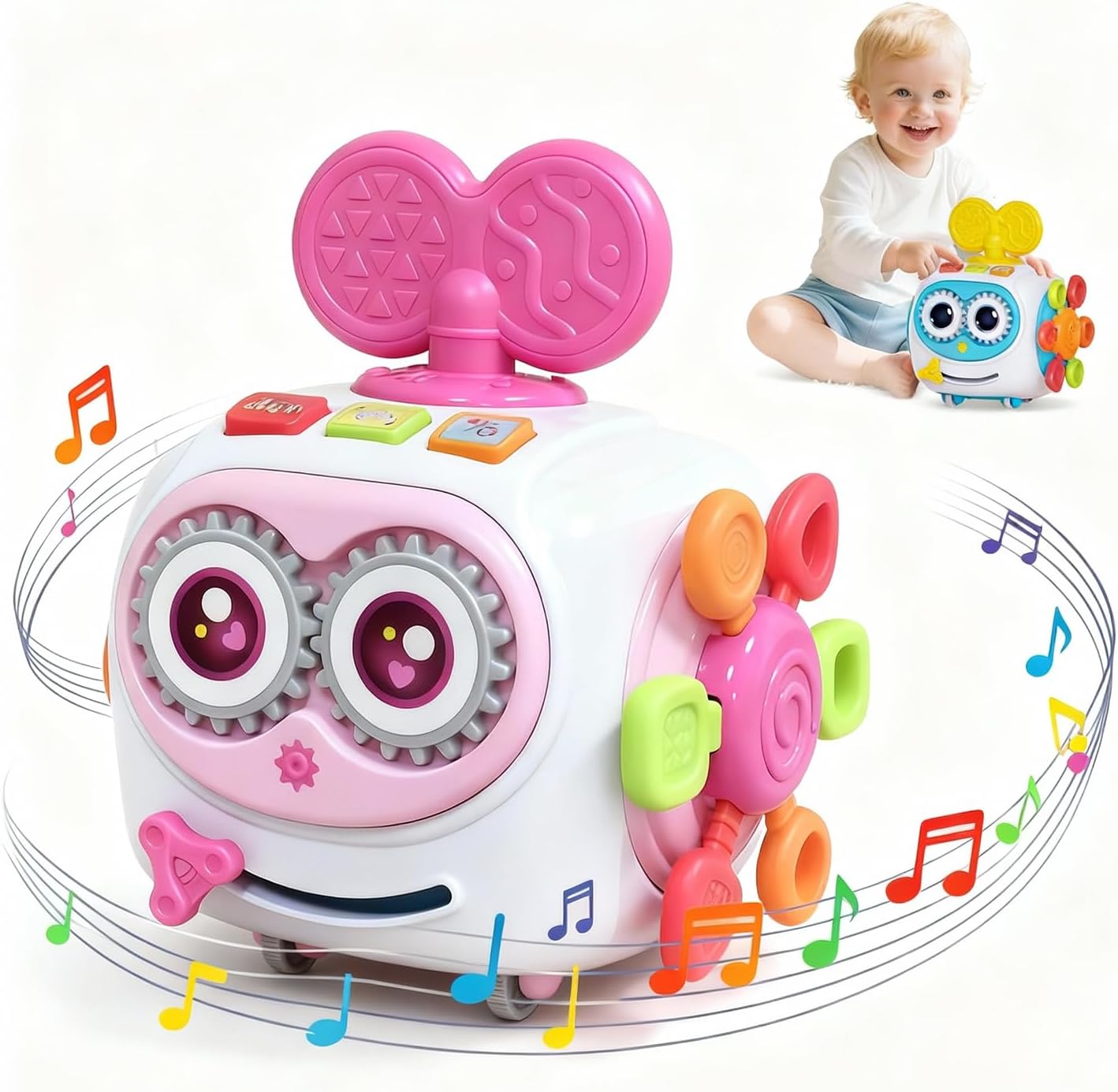 Toys for 1+ Year Old Girl, Musical Busy Cube for Toddlers 1-3 year old, Montessori 6-in-1 Activity Cube with Lights & Sounds, Wheels for Tummy Time & Crawling Training, Birthday Gifts for Baby Girl