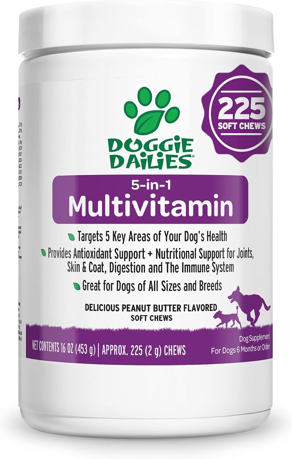 Doggie Dailies 5 in 1 Multivitamin for Dogs, 225 Soft Chews, Dog Multivitamin for Skin and Coat Health, Joint Health, Improved…