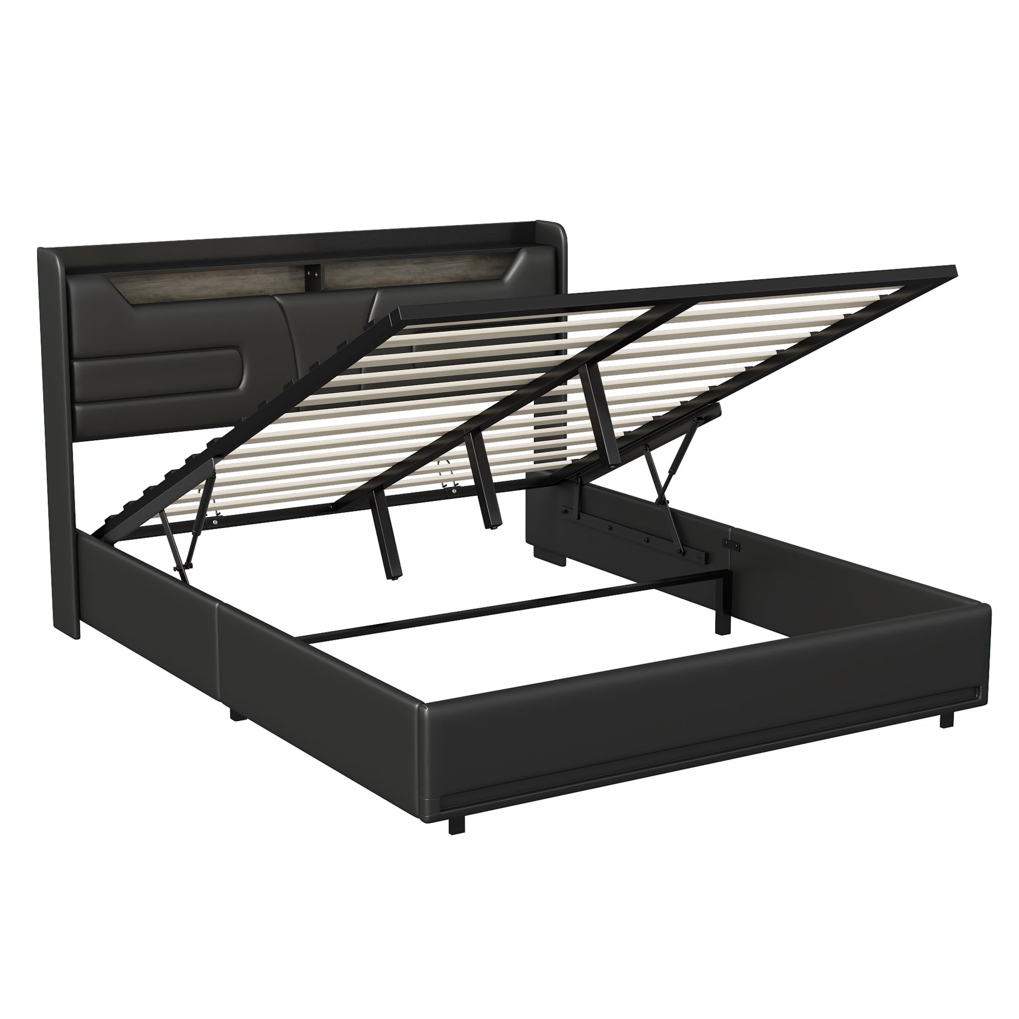 Letto Matrimoniale 160x200 cm Imbottito con Contenitore, Sistema di Sollevamento a Gas, Tessuto in PU Nero, LED, Ricarica USB, Senza Materasso (Nero-C, 160x200cm)