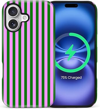 for iPhone 17 Case,Compatible with MagSafe,Cute Striped Phone Case Shockproof Soft TPU and Hard PC Protective Phone Cover for Women Girls,Greenish Purple Stripes