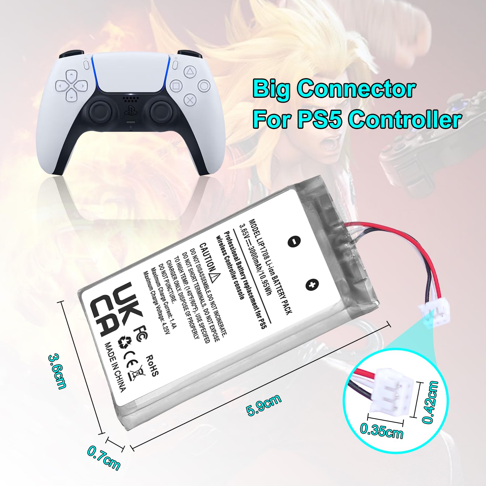Batterie de rechange pour manette PlayStation 5 DualSense, 3000 mAh, 3,65 V LIP1708, batterie lithium-ion compatible avec manette sans fil PS5 CFI-ZCT1 W B U