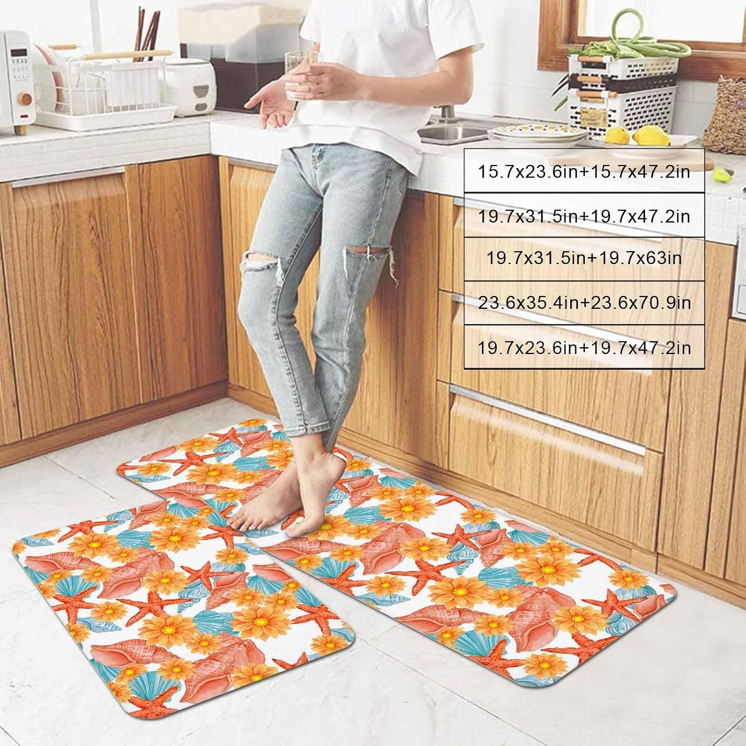 Prime Leader Summer Starfish Kitchen Mat Set 2 Pieces Coastal Orange Conch Flower Rusric Sunny Non Slip Kitchen Rugs Washable Runner Rug Mats for Floor Sink Laundry Office 19.7" x 31.5"+19.7" x 63"
