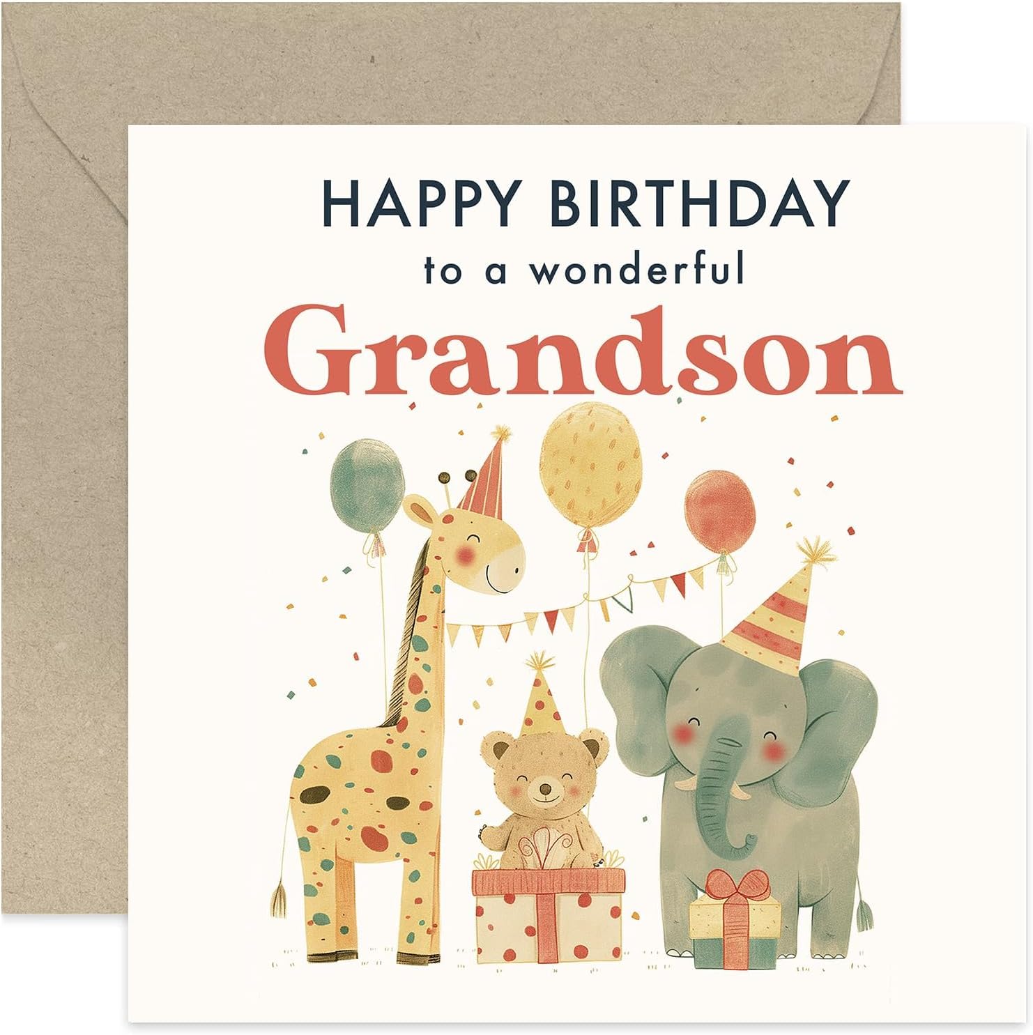 1st Birthday Card for Grandson - Safari Jungle Animals - 2nd 3rd Children Kids Happy Birthday Card - Gifts for Grandson - First Birthday Gifts for Him - Cute Birthday Cards for Boys