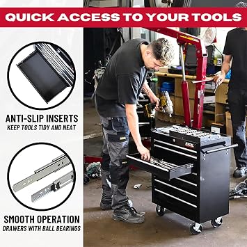 Roller Tool Cabinet 7 Drawers Storage Chest Box Swivel Garage Workshop Black, Made with Powder Coated Steel & Rust-resistant, Ball Bearing Slides and 4 Wheels with Brakes