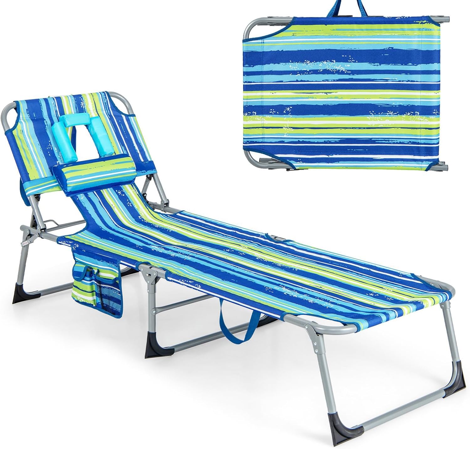 HAPPYGRILL Patio Lounge Chair, Folding Beach Tanning Chair with Face Hole, Outdoor Sunbathing Chair with Adjustable Backrest, Side Pocket, Pillow, Portable Recliner for Pool Backyard (Black)