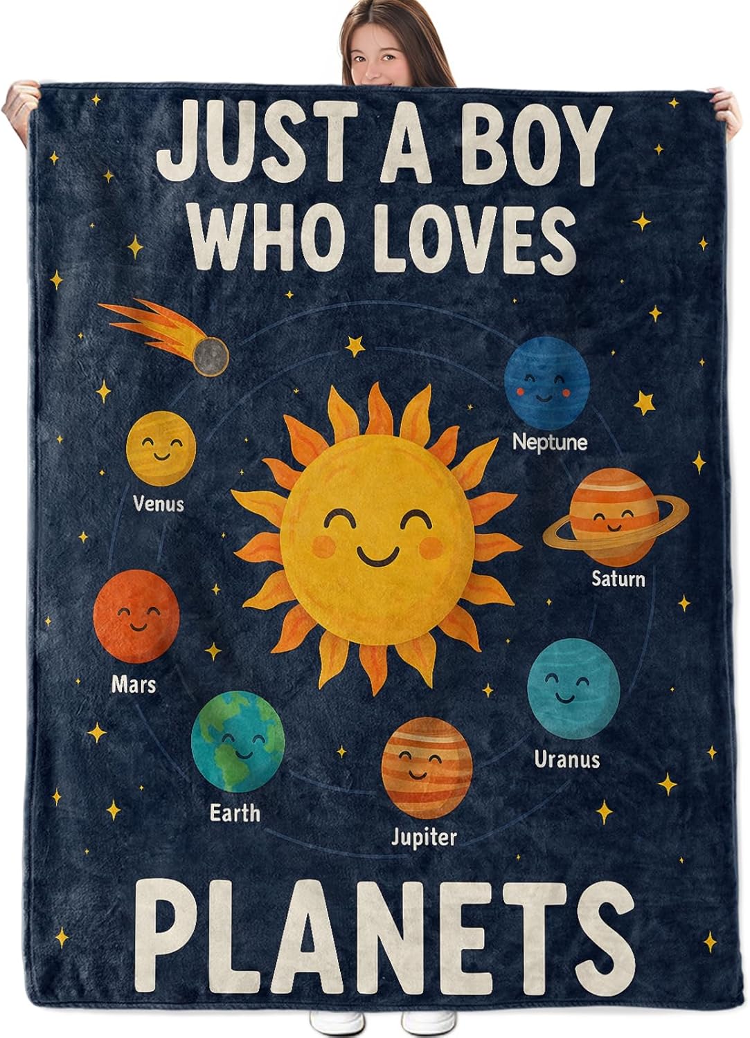 Cartoon Planet Blanket, Solar System Flannel Throw, Soft Cozy Lightweight Throws Blankets for Men Adults Kids Boys, Playful Home Decor for Sofa Couch Bedroom Home, 60x50 Inch