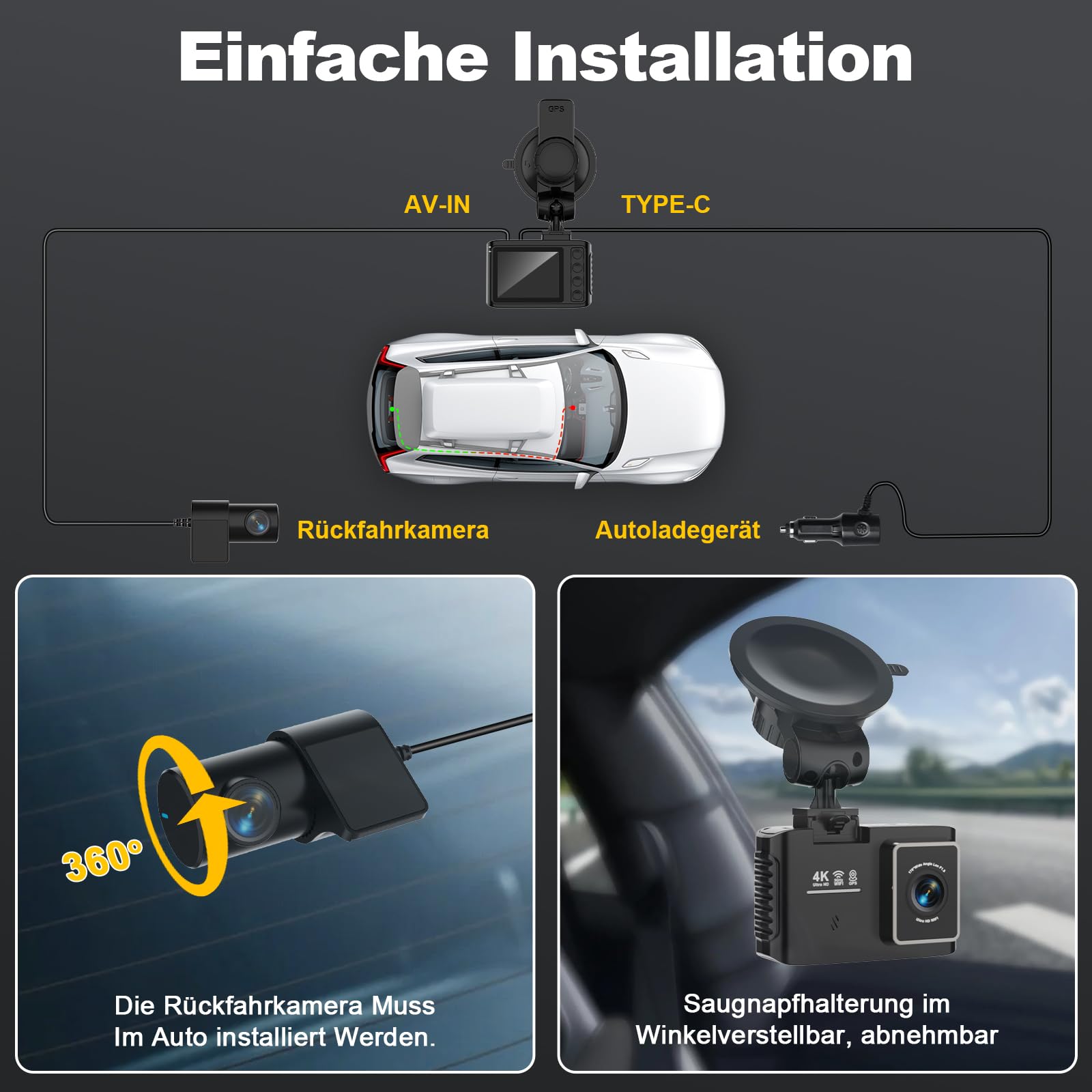 Dashcam 4K 5GHz WiFi GPS 2.0" IPS 170° Weitwinkel Dual Auto Kamera 24Std Parküberwachung Super Nachtsicht WDR G-Sensor Loop-Aufnahme 64GB SD Karte