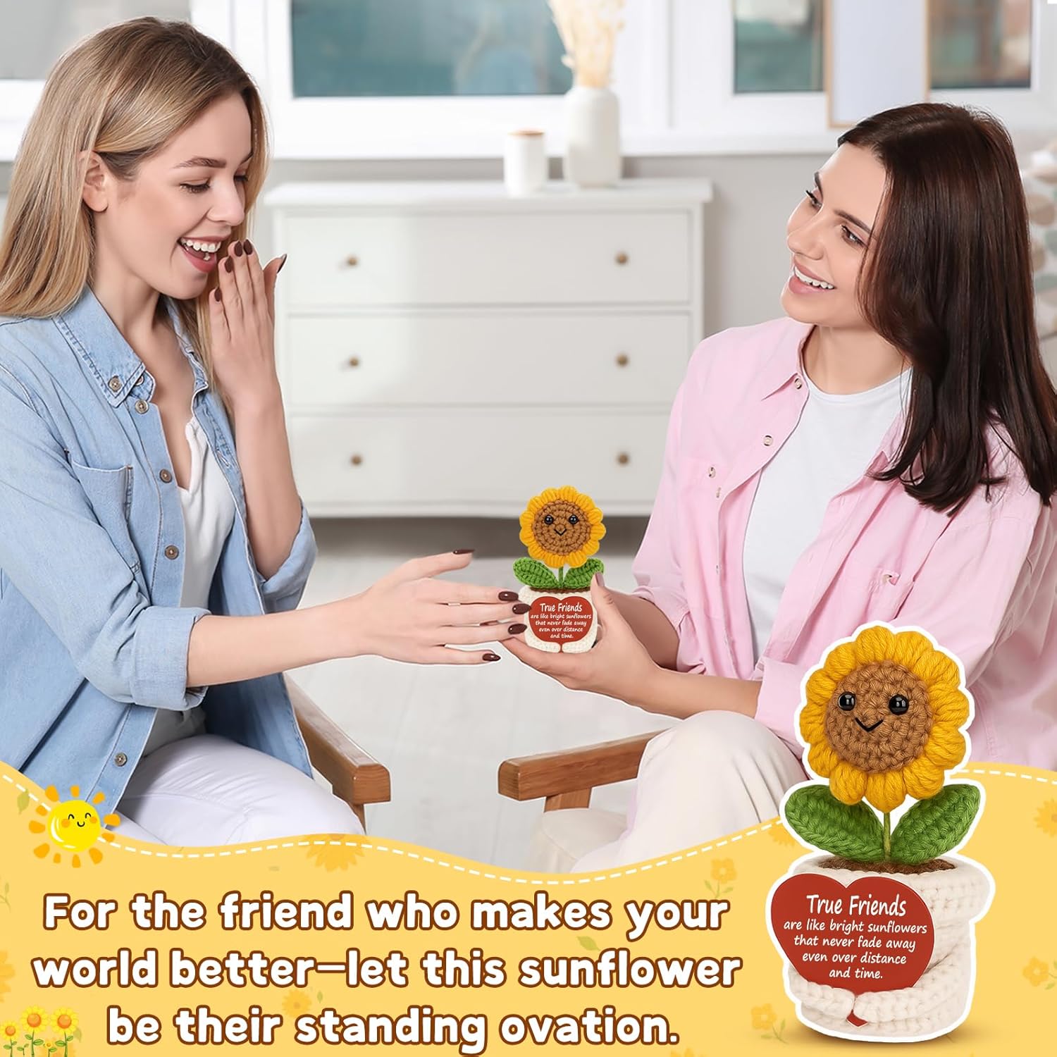 Handmade Positive Crochet Sunflower Plush “True Friends are like bright sunflowers…” Inspirational Gift for Women, Friend, Sister, Coworker, Emotional Support Token – Birthday, Christmas, Desk Decor - Image 7