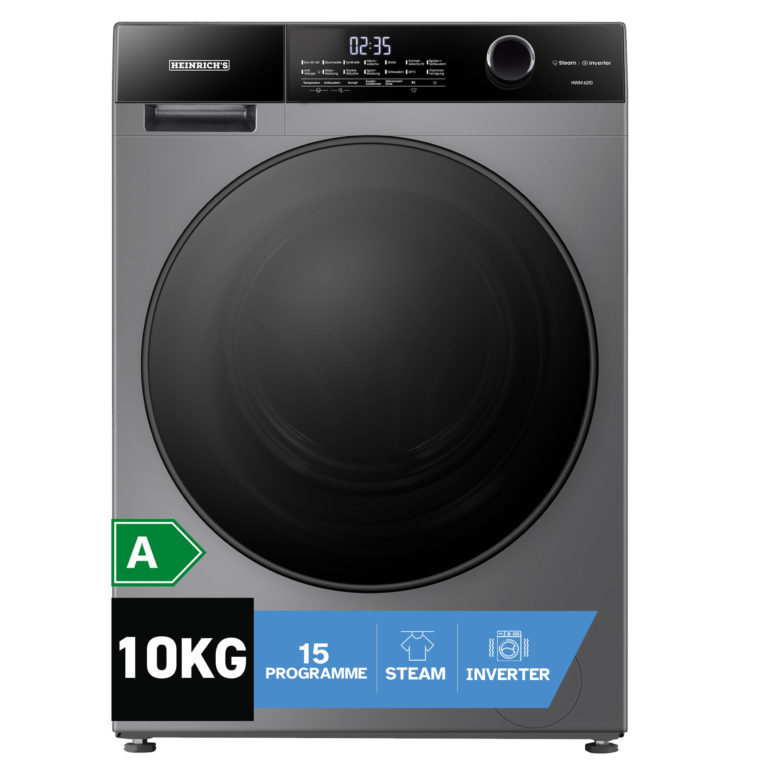 Heinrich´s Waschmaschine, Steam-Funktion, 10kg Mega Kapazität, 15 Programme, 1400 U/min., Aqua-Stop, LED-Display, Endzeitvorwahl, mit Kindersicherung, langlebiger und leiser Inverter Motor,Titan-Grau