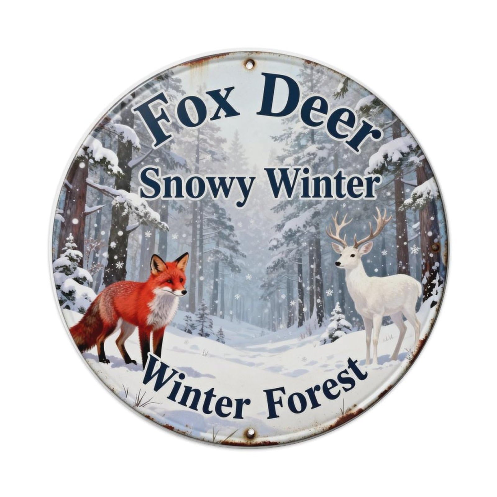 Fox Deer Snowy Winter Forest Metal Tin Sign Plaque