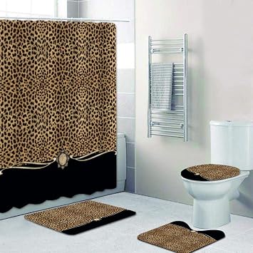 4-Piece Shower Curtain Set Stripe Ribbon Leopard Black Print Shower Curtain and Bath Rugs Set Cheetah Leopard Bath Curtains Bathroom Home Decor-4-Piece_Set