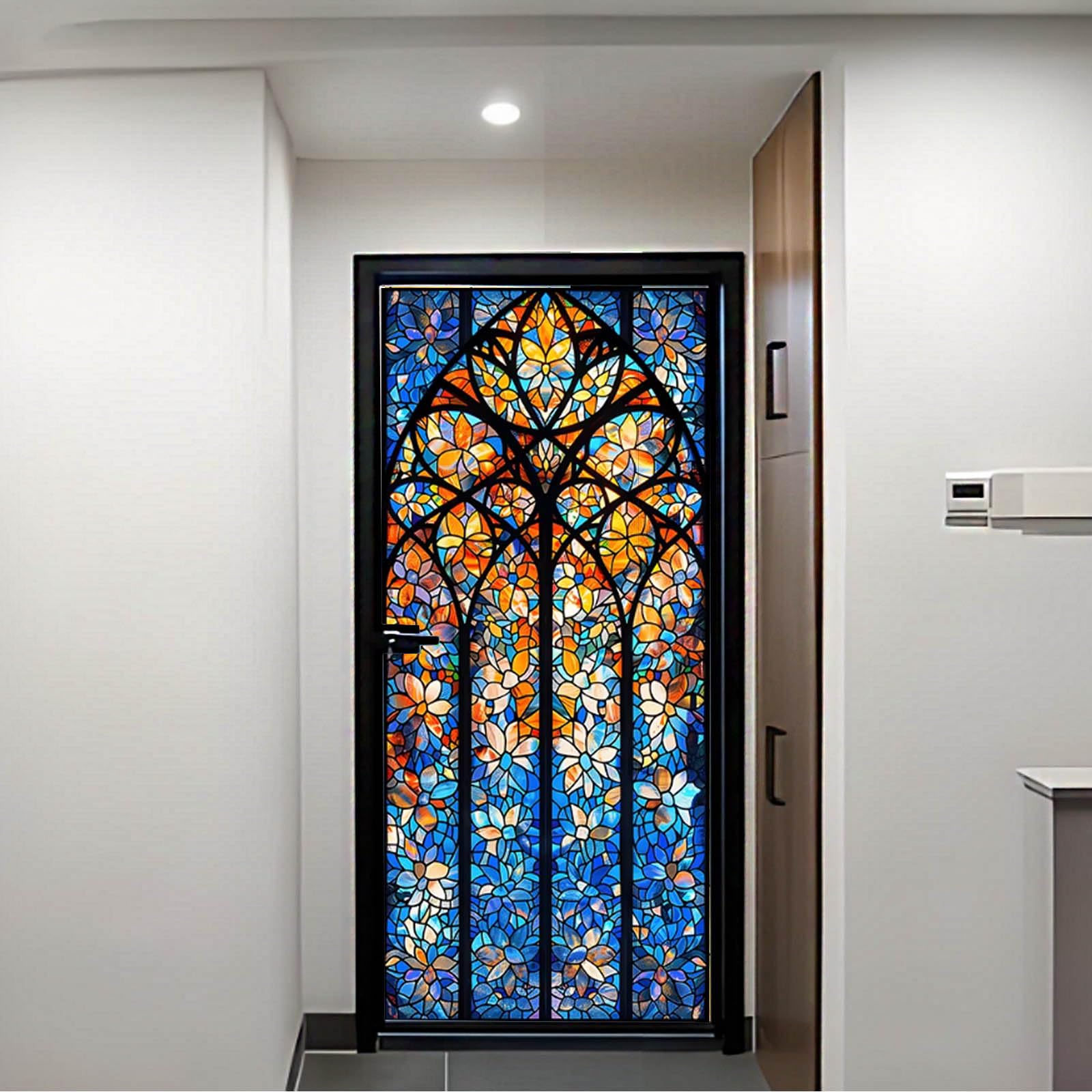 Ornamente Fensterfolie im Kirchen-Buntglas Look – Blumen-Mosaik Motiv statische Haftung ohne Kleber abnehmbar UV-Schutz voller Sichtschutz für Heim Büro,W38,60x200cm