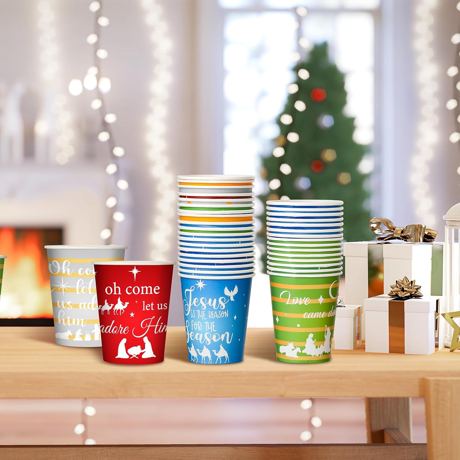 Umigy 100 Pcs Christmas Paper Cups Disposable 9 oz Hot Chocolate Coffee Cups Holiday Party Nativity of Jesus Theme Drinkware for Christmas Holiday Party Supplies
