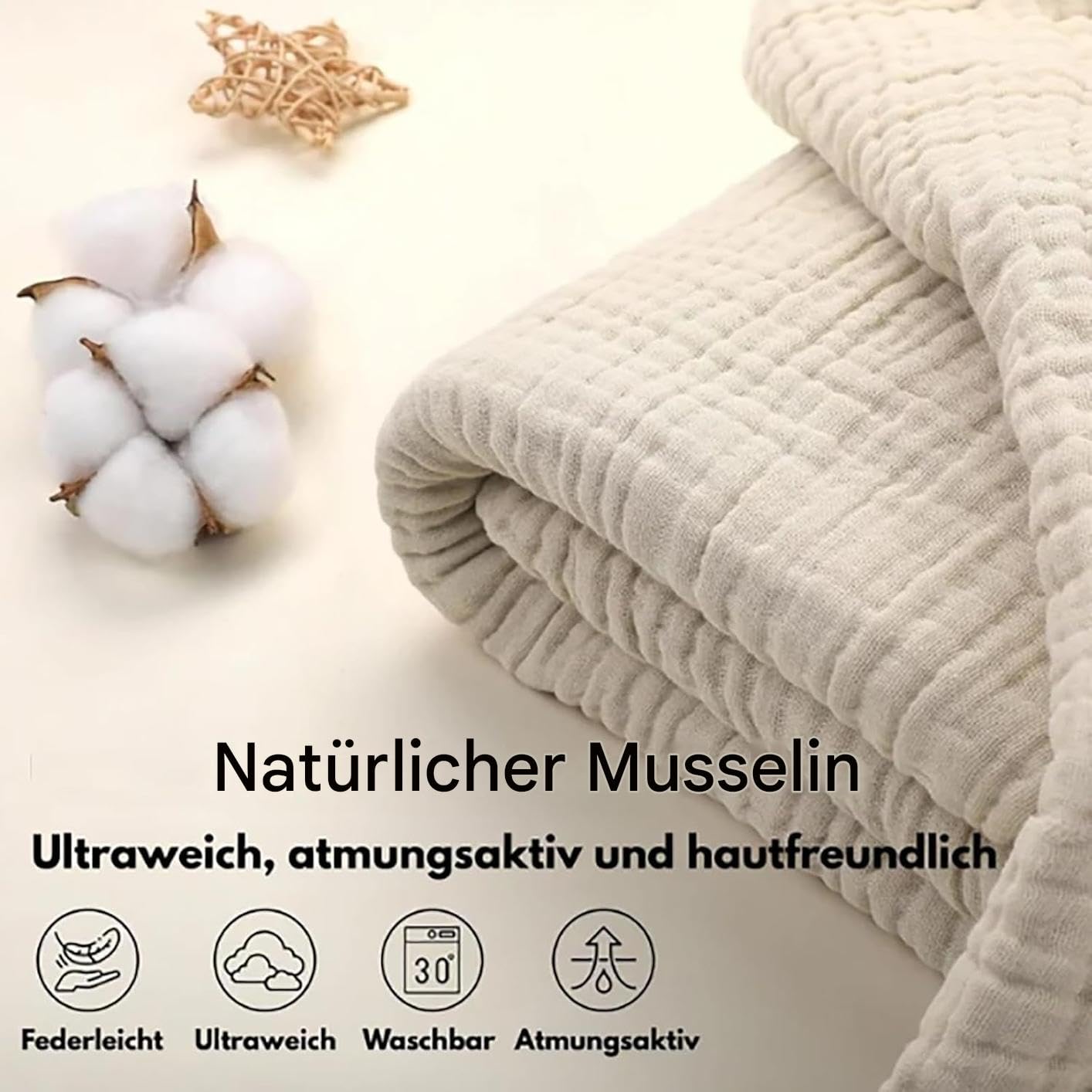 Alpenfaser Musselin Decke, Sanfte Musselin Decke Erwachsene, 100% Baumwolle Musselin Decke Sommer, Muselindecke Erwachsene, Musselin Bettwäsche (Beige,150x200cm)