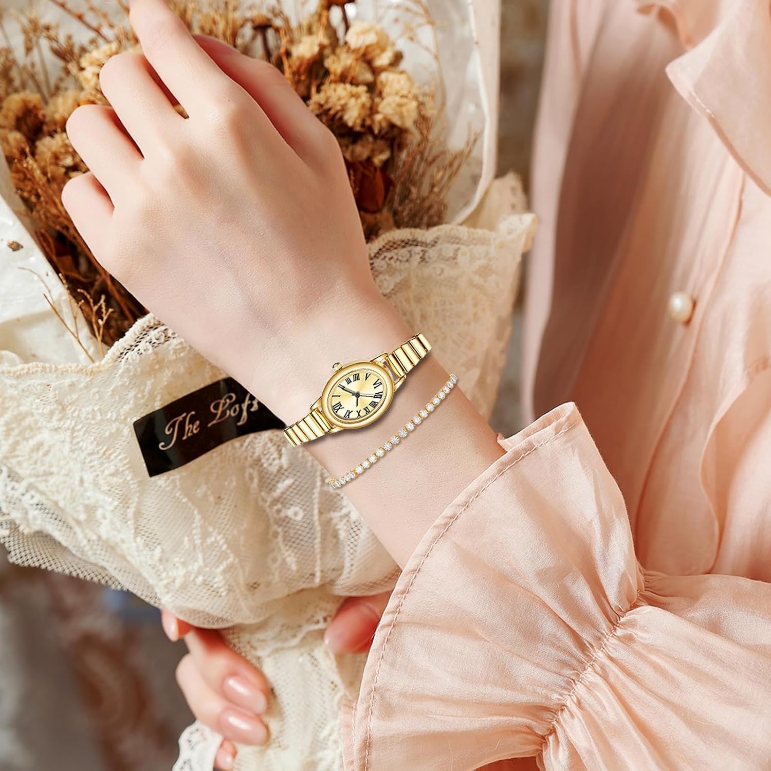 Gosasa Small Gold-Tone Watches and Bracelet Set for Women Easy Reader Oval Roman Numeral Dial with Stainless Steel Expansion Band, Vintage Elegant Ladies Watch Set (2 Sizes)