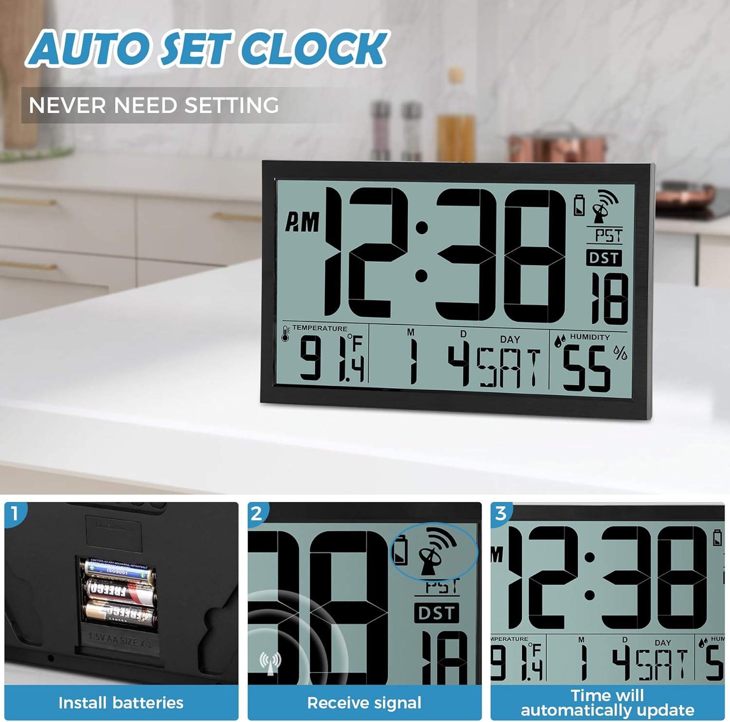 SZELAM Atomic Clock,16.7" Large Display Digital Wall Clock Battery Operated,Digital Calendar Auto Setting Desk Clocks with Indoor Temperature, Humidity,Date,Day,Auto DST for Elderly Bedroom Classroom