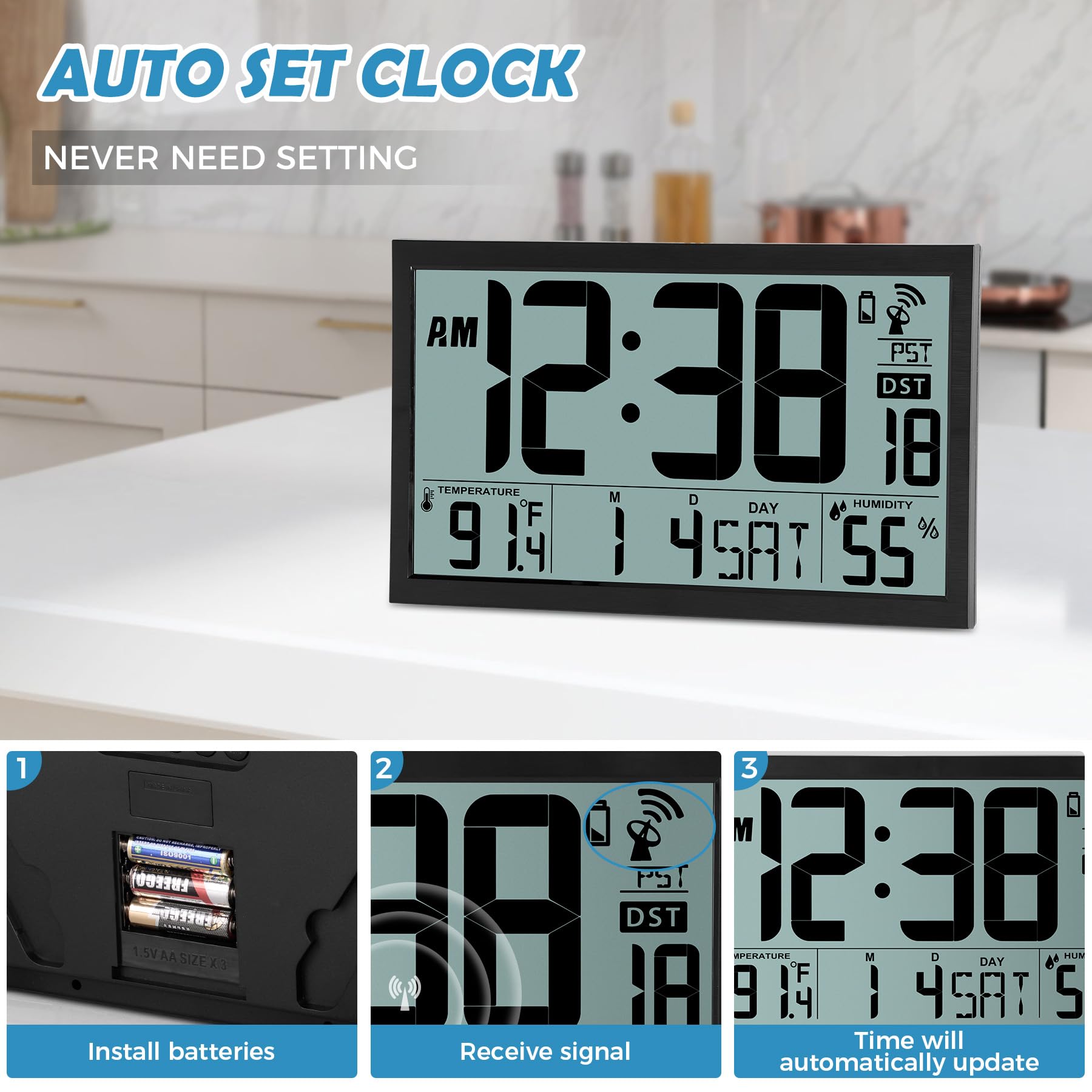 SZELAM Reloj de Pared Digital atómico con retroiluminación, Reloj de Pared Digital Grande de 15 Pulgadas, Reloj Digital de Pantalla Grande con día, Fecha y Temperatura