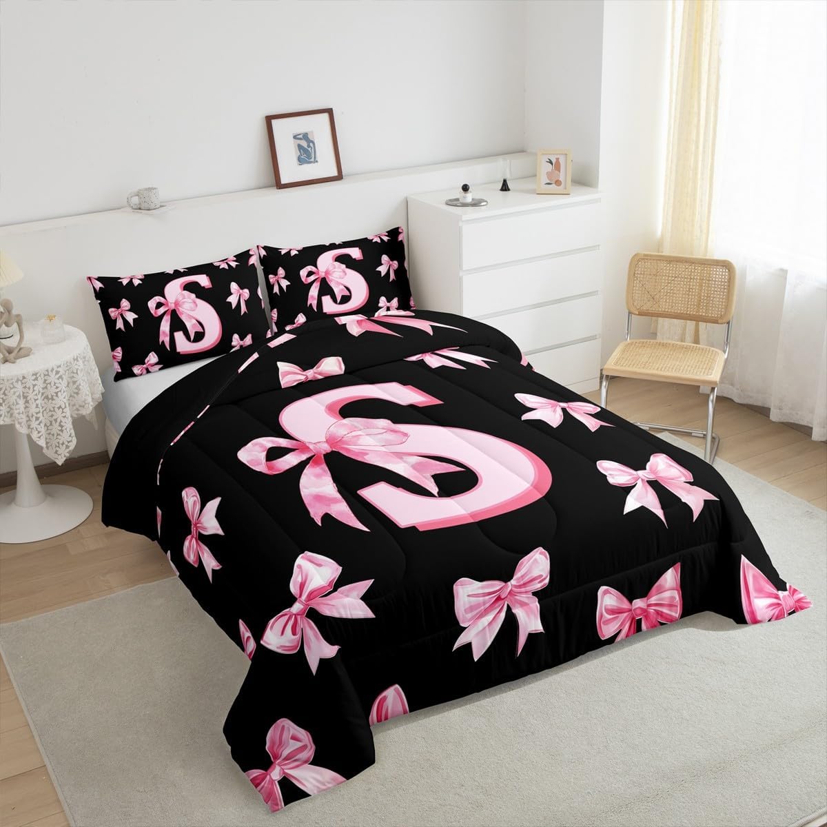 Erosebridal Cute Pink Bow Kids Bedding Set Twin Size,Personalized Letter S Comforter Set for Girls,Initial S Coquette Bow Comforter Preppy Monogrammed Bowknot Quilt Duvet 2 Pcs