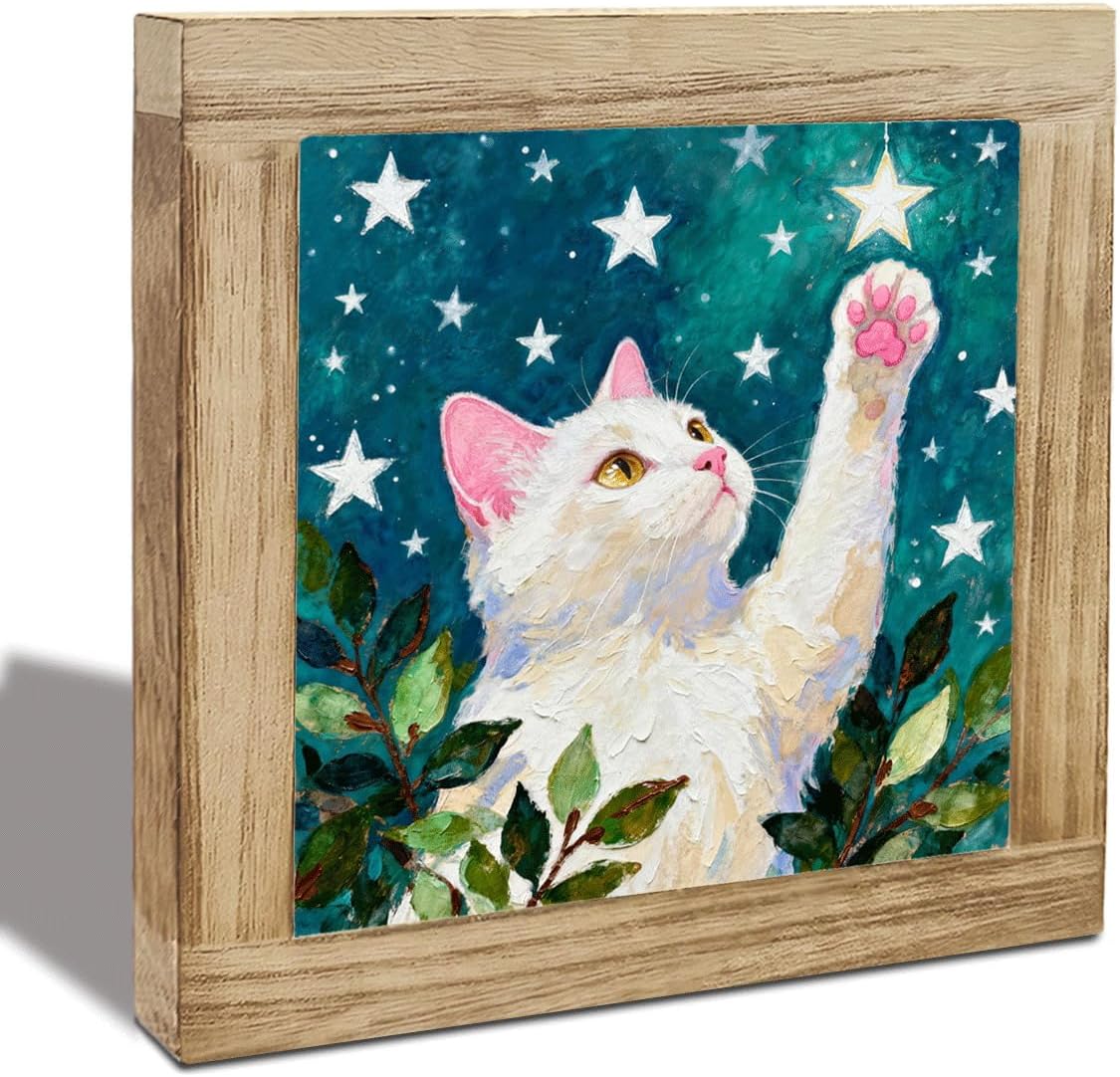 White Cat Wooden Box Sign Decor, Celestial Cat Artwork, Framed Mini Wall Art for Home Office Desk Shelf Bedroom Living Room, Cute Cat Lover Gift, Pet Memorial Decor