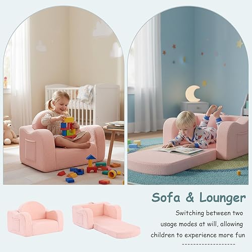 Miniatura 3 de Tiita Silla para niños, sillas plegables cómodas para niños, sofá de felpa 2 en 1 para niños, sillón con reposabrazos de bebé, sofá a tumbona, sofás
