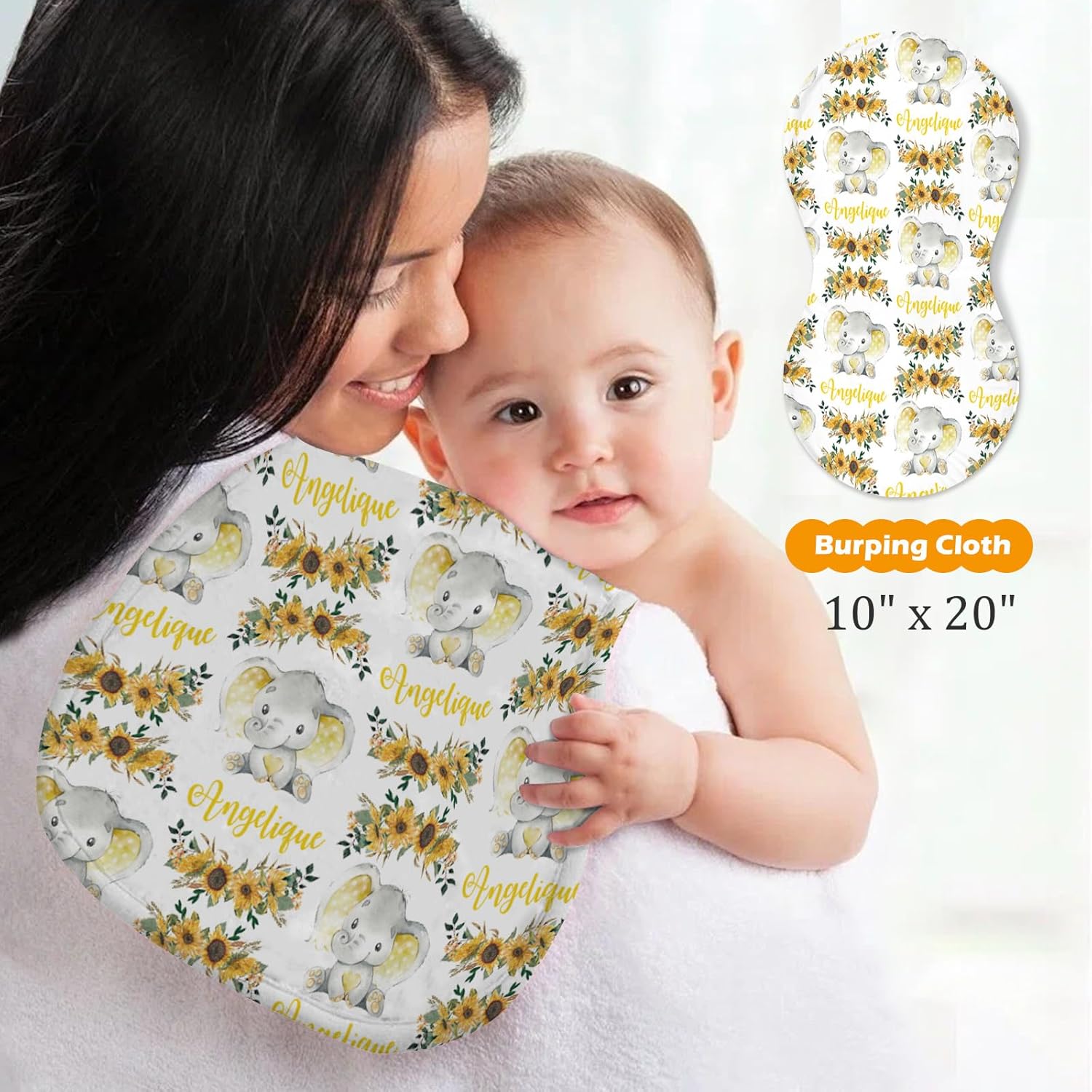 Custom Baby Nursing Swaddling Set: Personalized Custom Name Elephant Swaddle Blanket Car Seat Cover Bow Headband Hat Nursing Pillow for Infant Girl Boy Animals Yellow Sun Flowers Pattern