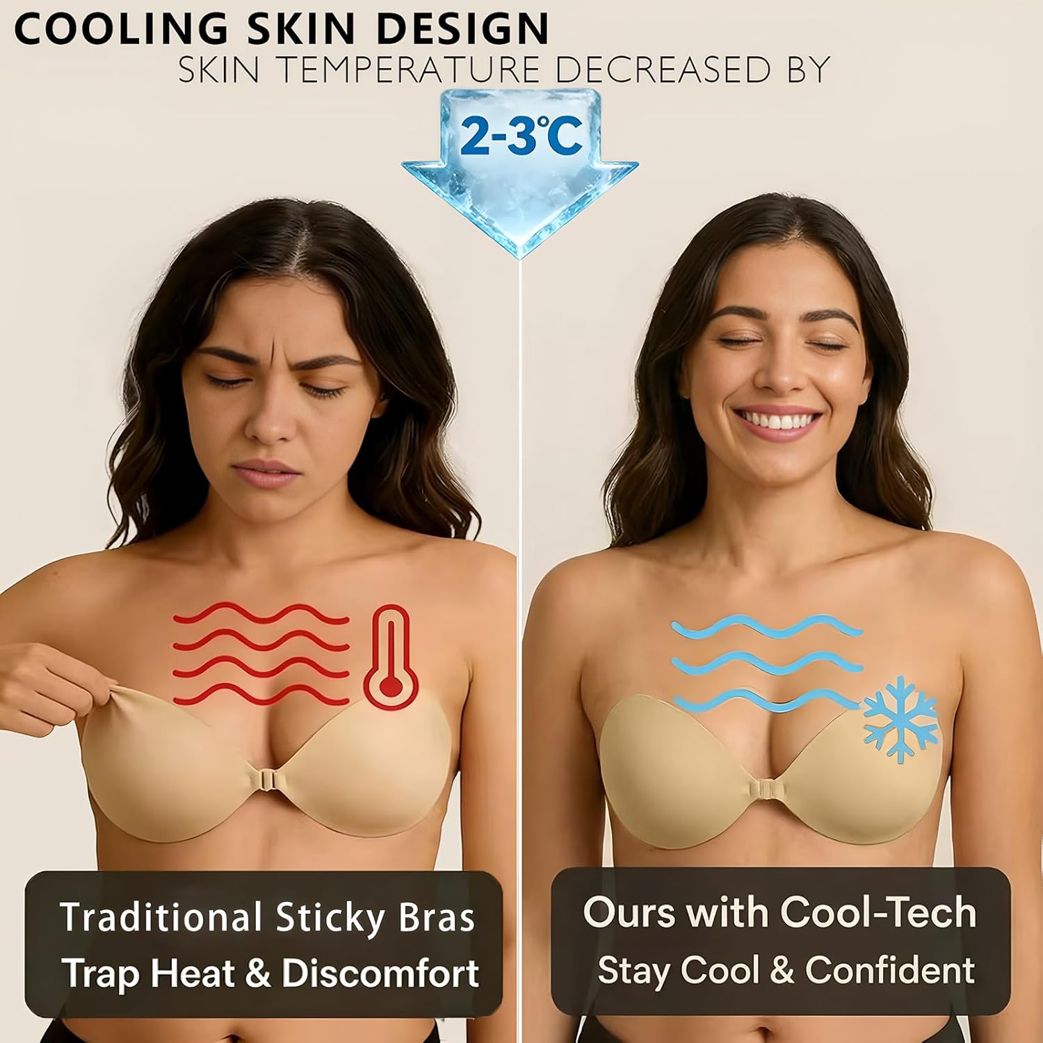 Cooling Adhesive Bra 2Pack - Push Up Strapless Backless Sticky Bra, Skin-Safe Reusable Invisible Bra for Women