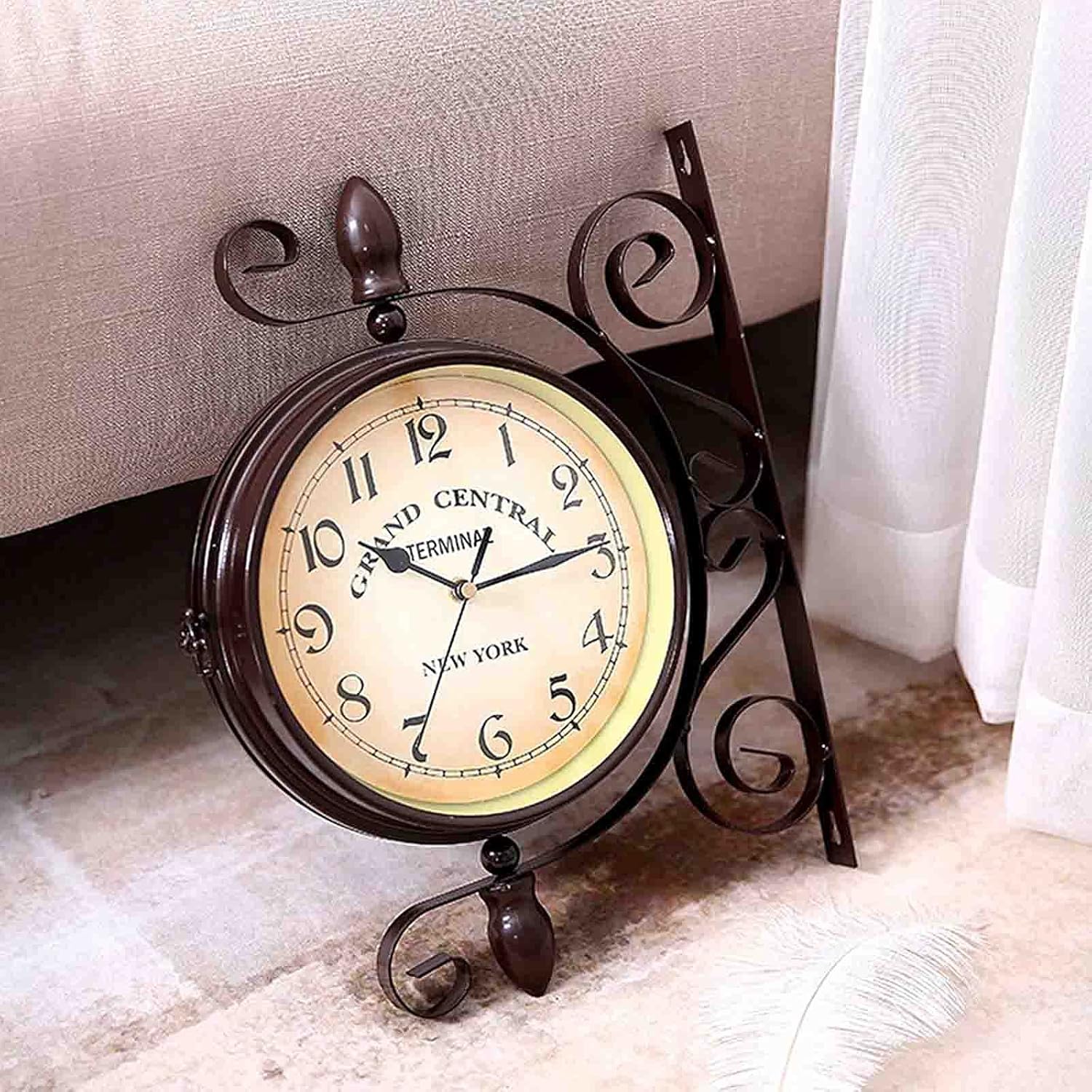 Outdoor Garden Wall Clock, Classical Rotation Double Sided Train Station Clock with Bracket Garden Clock Indoor Outdoor Decoration