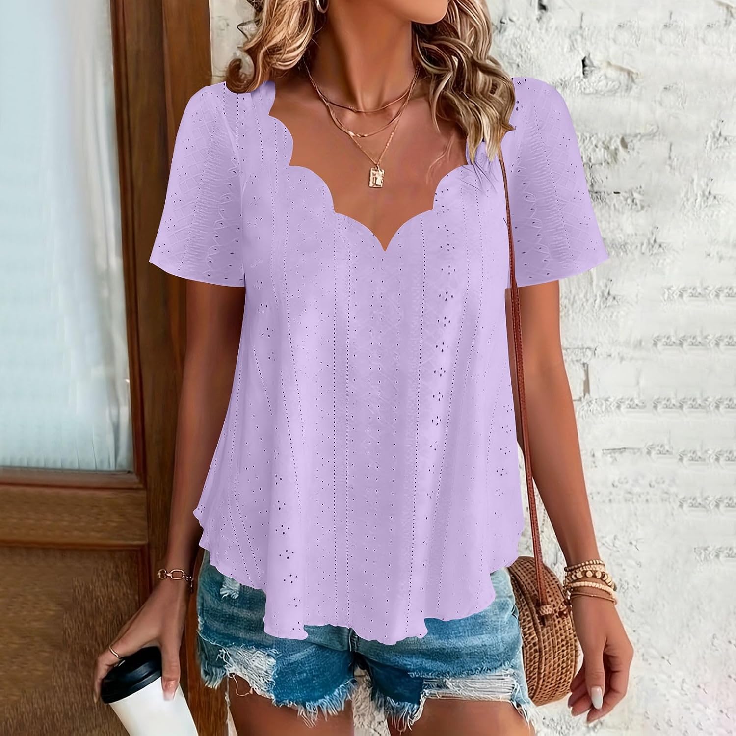 Womens Tops Eyelet Embroidery Summer Short Sleeve T Shirts V Neck Blouse Holiday Outfits Beach Vacation Clothes