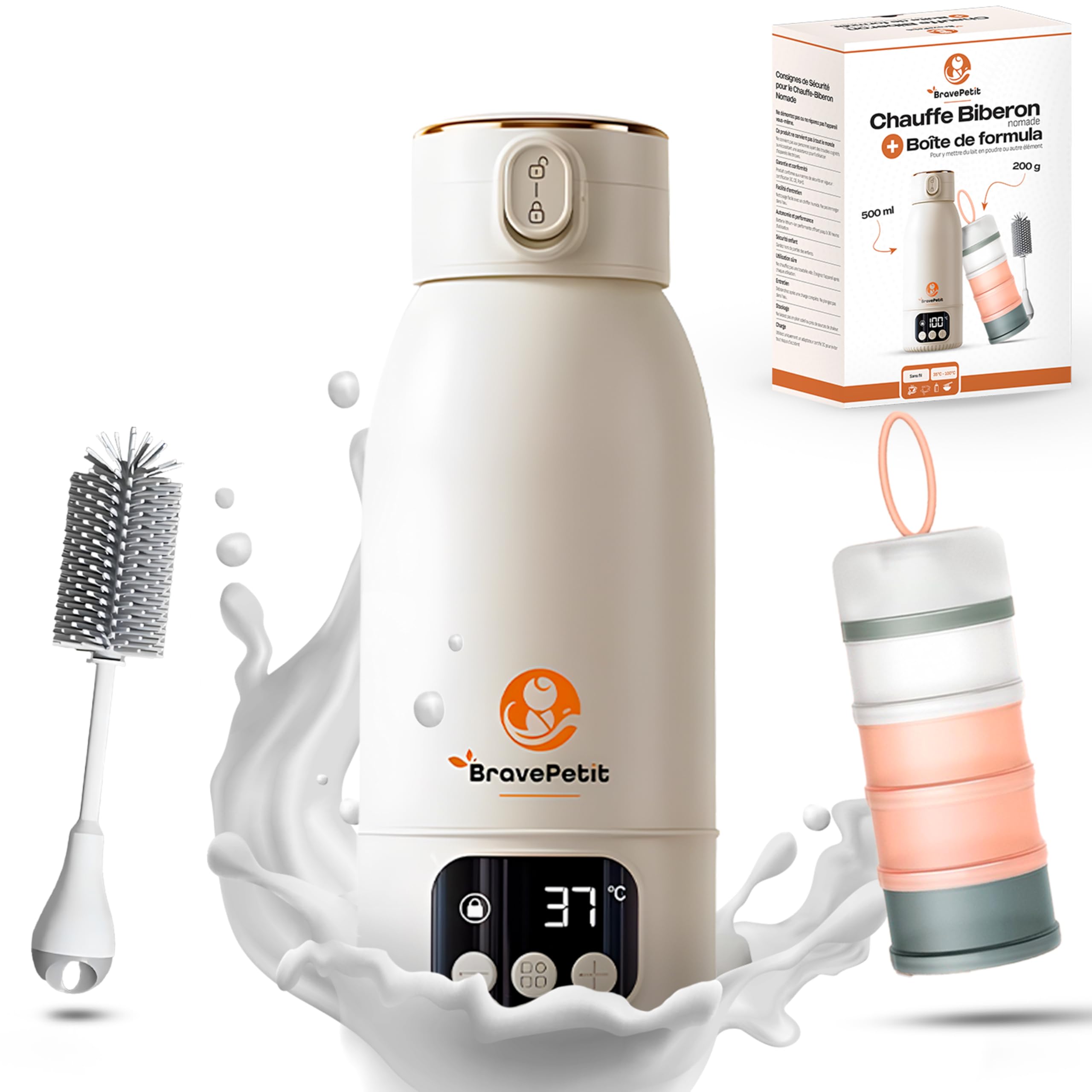Chauffe-Biberon Portable Nomade, Chauffe Rapide Eau ou Lait, Autonomie Longue Durée, Recharge USB-C, Capacité 500ml, Boîte Doseuse 4 Compartiments, Idéal Voyage & Voiture