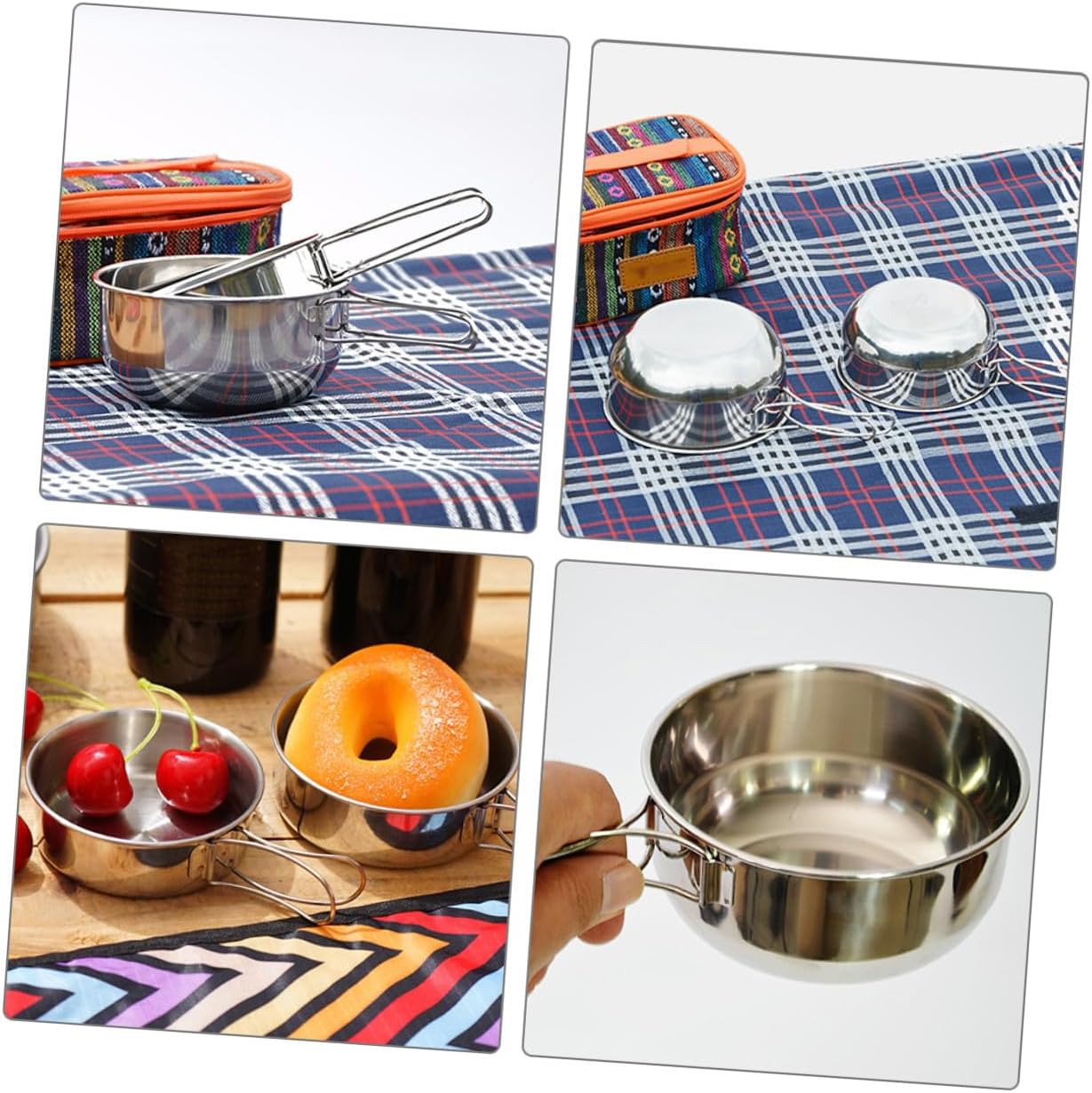 Stainless Steel Bowl Set with Folding Handles 3pcs Camping Bowls Outdoor Picnic Barbecue Lightweight Sturdy for Hiking Travel