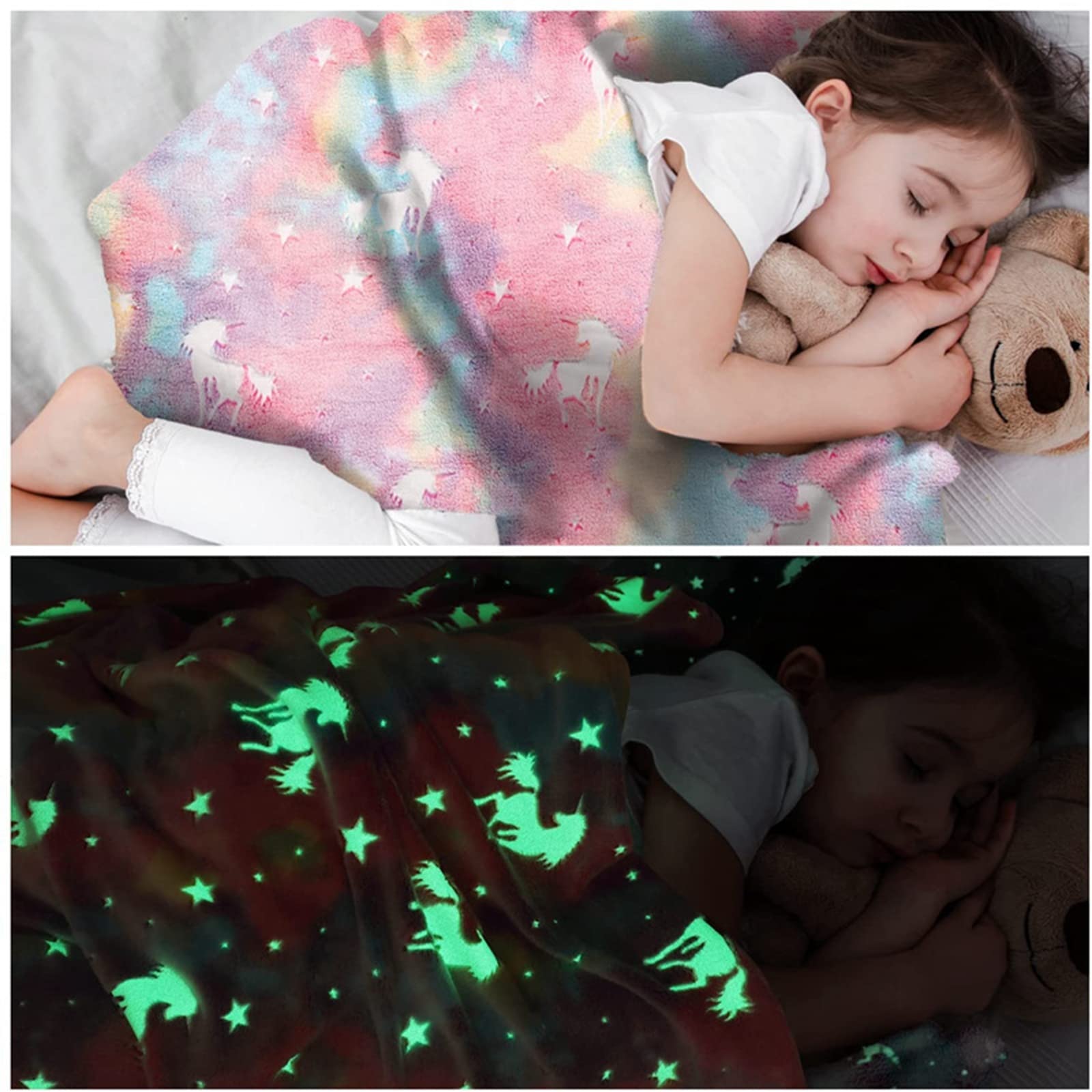 LXTOPN Coperta luminosa al buio, coperta per bambini, coperta con unicorno in flanella, 150 x 200 cm coperta flanella per ragazze e divano, Regali Unicorno (arcobaleno, 150 x 200 cm)