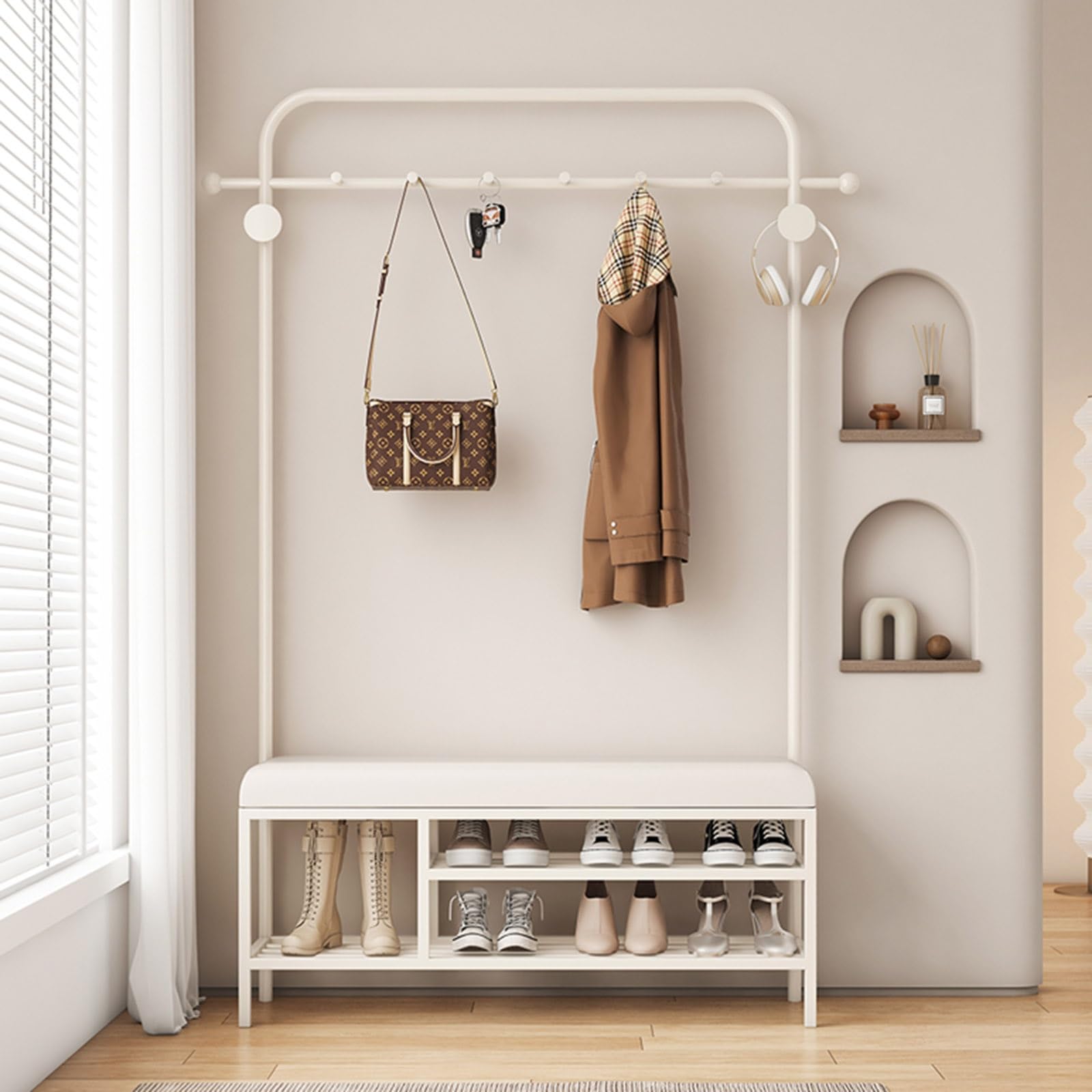 Étagère de rangement chaussures et porte-manteaux d'entrée en métal blanc