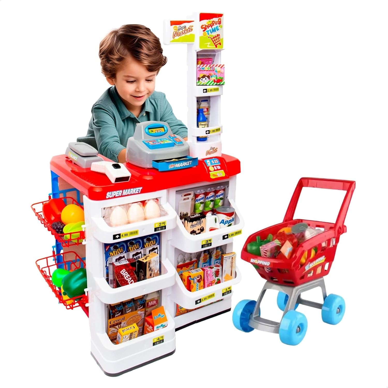 Mercadinho Infantil Emite Luz e Som com Caixa Registradora e Carrinho 48 Peças Vermelho