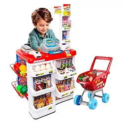 Mercadinho Infantil Emite Luz e Som com Caixa Registradora e Carrinho 48 Peças Vermelho