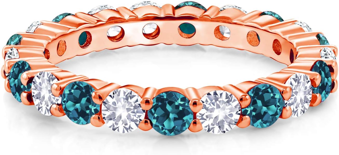 Gem Stone King 1.30 Ct Round London Blue Topaz and White Created Sapphire 18K Rose Gold Plated Silver Eternity Band Ring