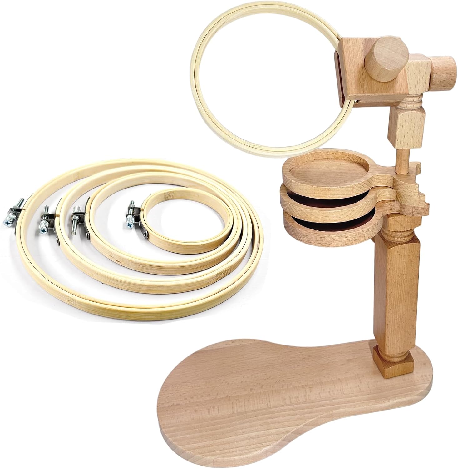 Biaungdo Adjustable Rotated Embroidery Hoop Stand with 5 Pack 5 Sizes Hoop, Wooden Embroidery Hoop Holder Frame & 3 Bowls for Cross Stitch, DIY Craft Sewing Projects